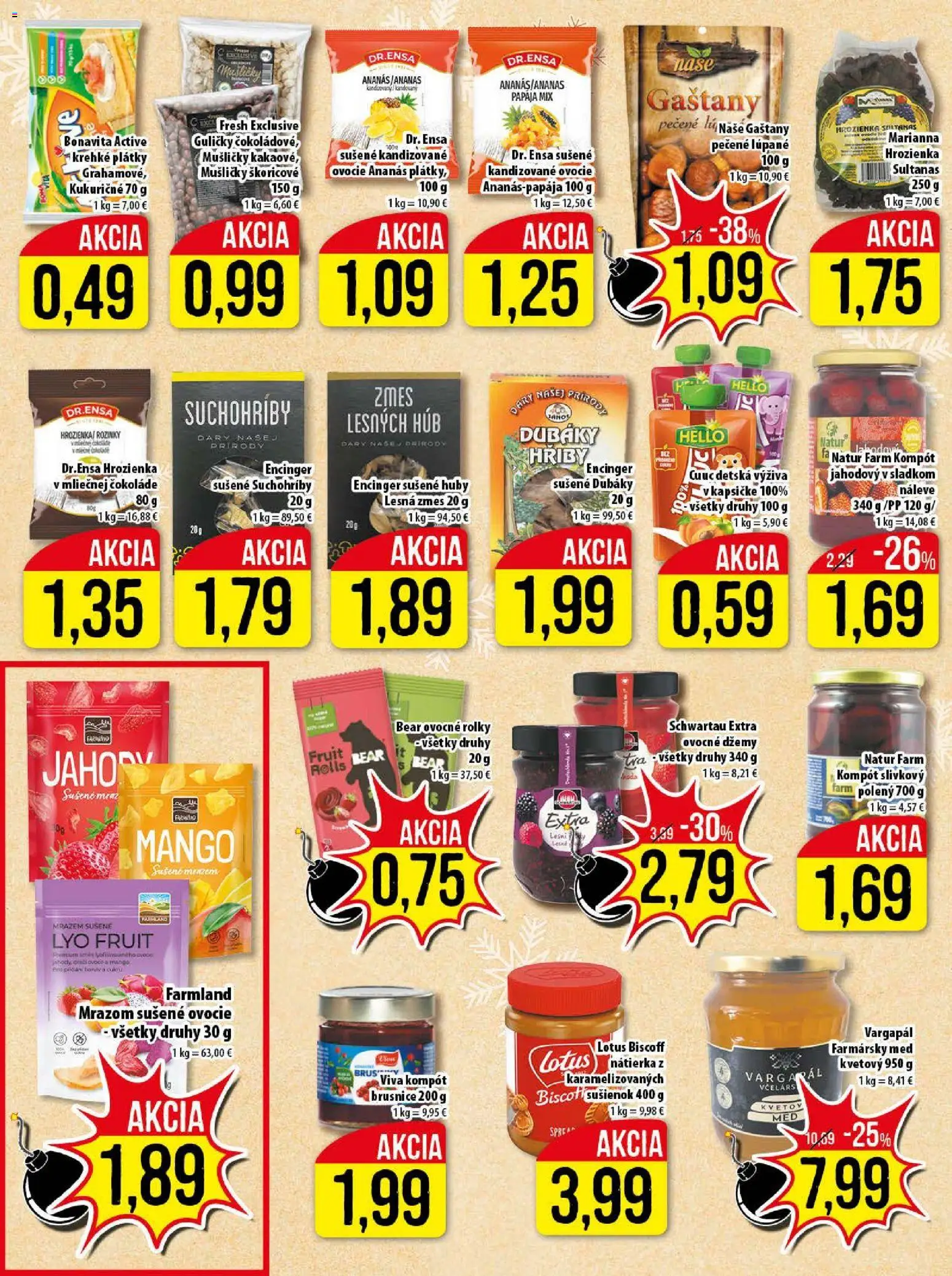 Nové Klas akcie – leták je platný od 29.12.2025 | Strana: 15 | Produkty: Gaštany, Hrozienka, Mango, Med