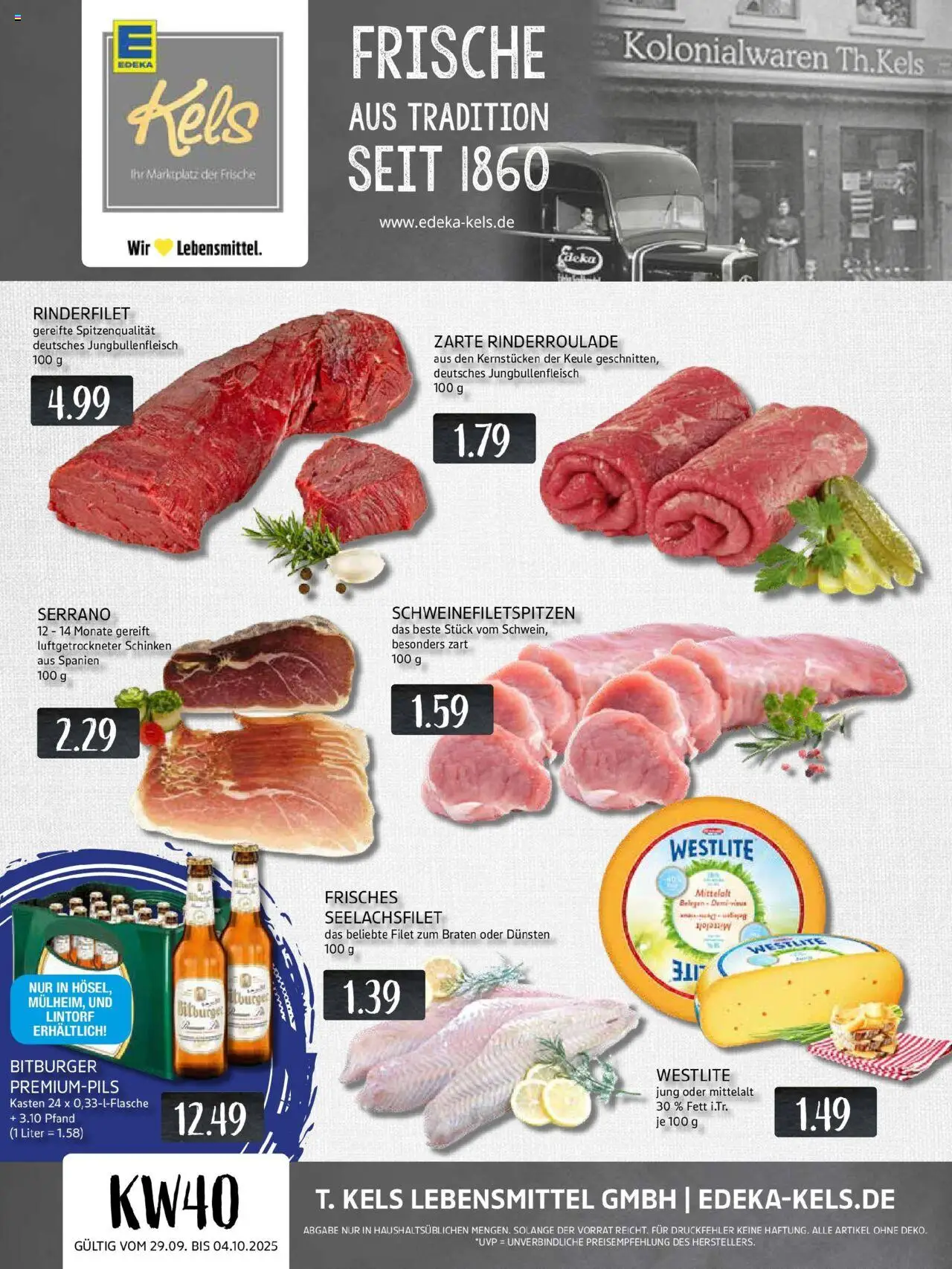 Edeka prospekt Ratingen-Hösel	 – gültig ab 29.09.2025 | Seite: 1 | Produkte: Bitburger, Rinderfilet, Schinken