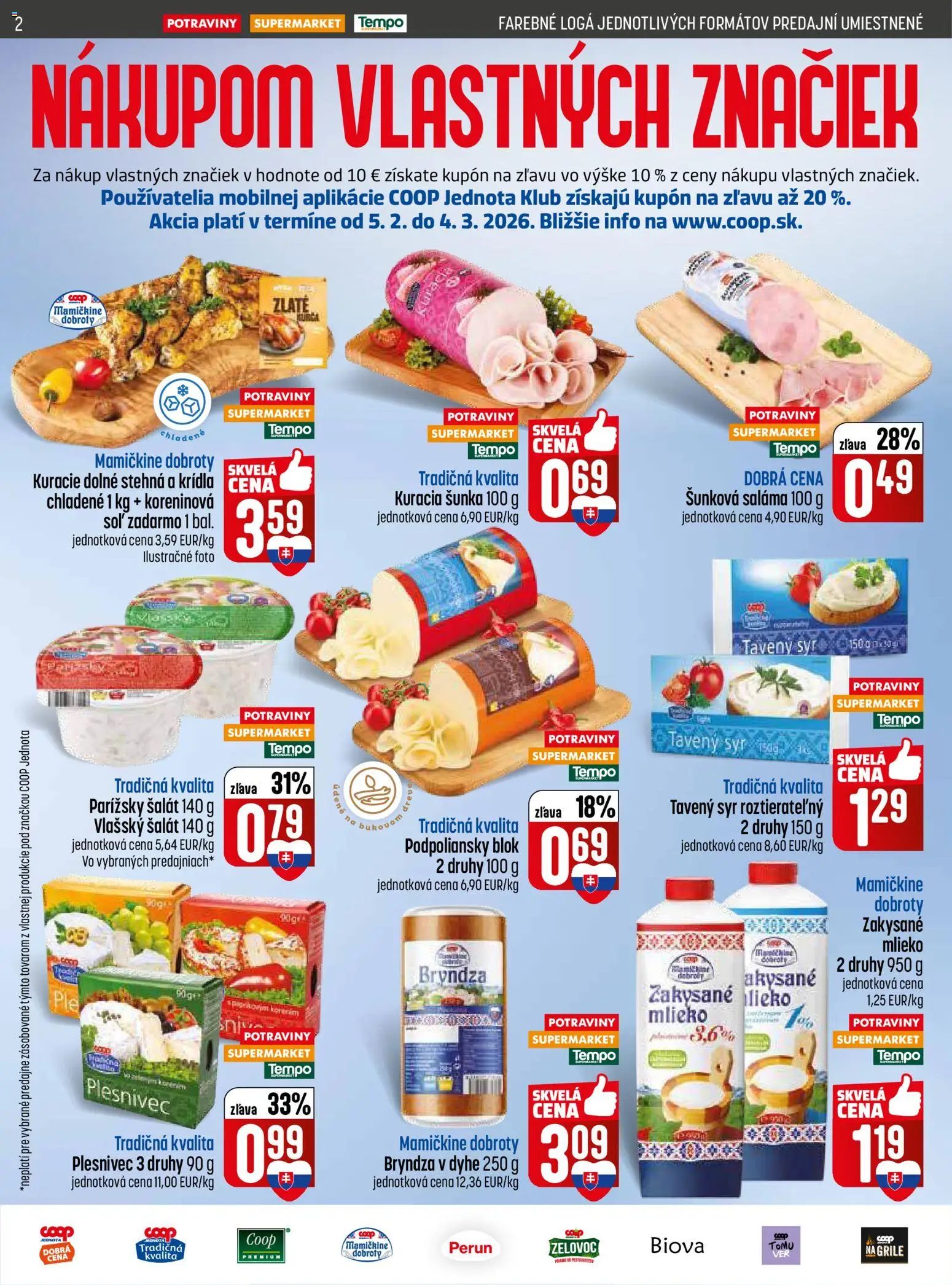 Nové COOP Jednota akcie – leták je platný od 12.02.2026 | Strana: 2 | Produkty: Saláma, Bryndza, Šalát, Kurča