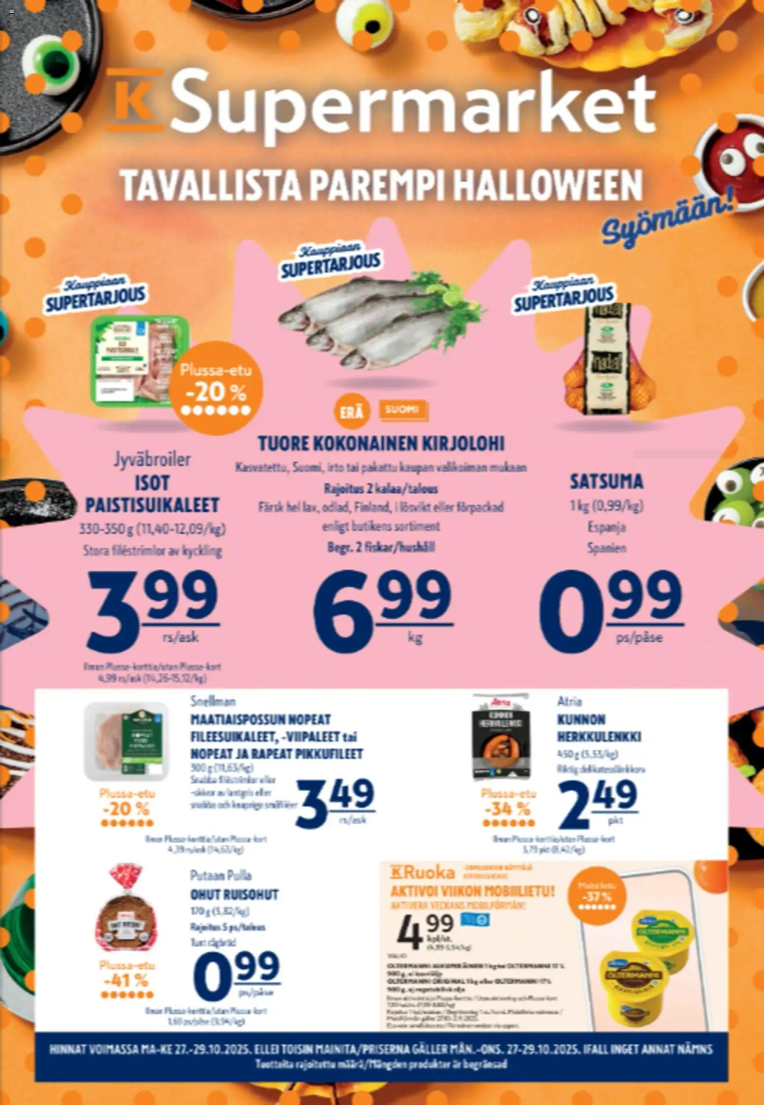 K-Supermarket tarjoukset – voimassa 27.10.2025 alkaen | Sivu: 1 | Tuotteet: Kirjolohi, Kokonainen, Satsuma, Pulla