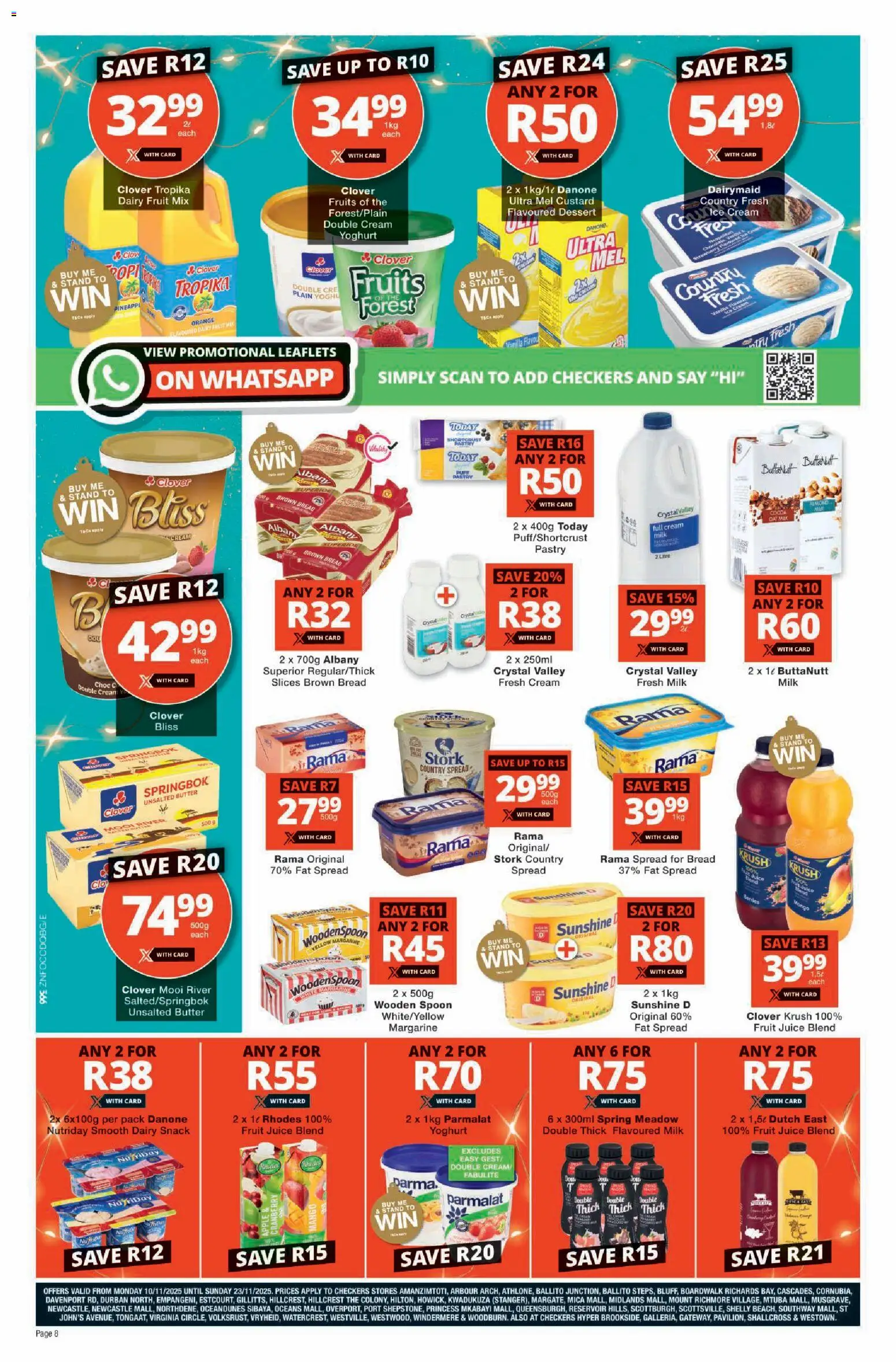 New Checkers catalogue – valid from 10.11.2025 | Page: 8 | Products: Milk, Bread, Cream, Fruit