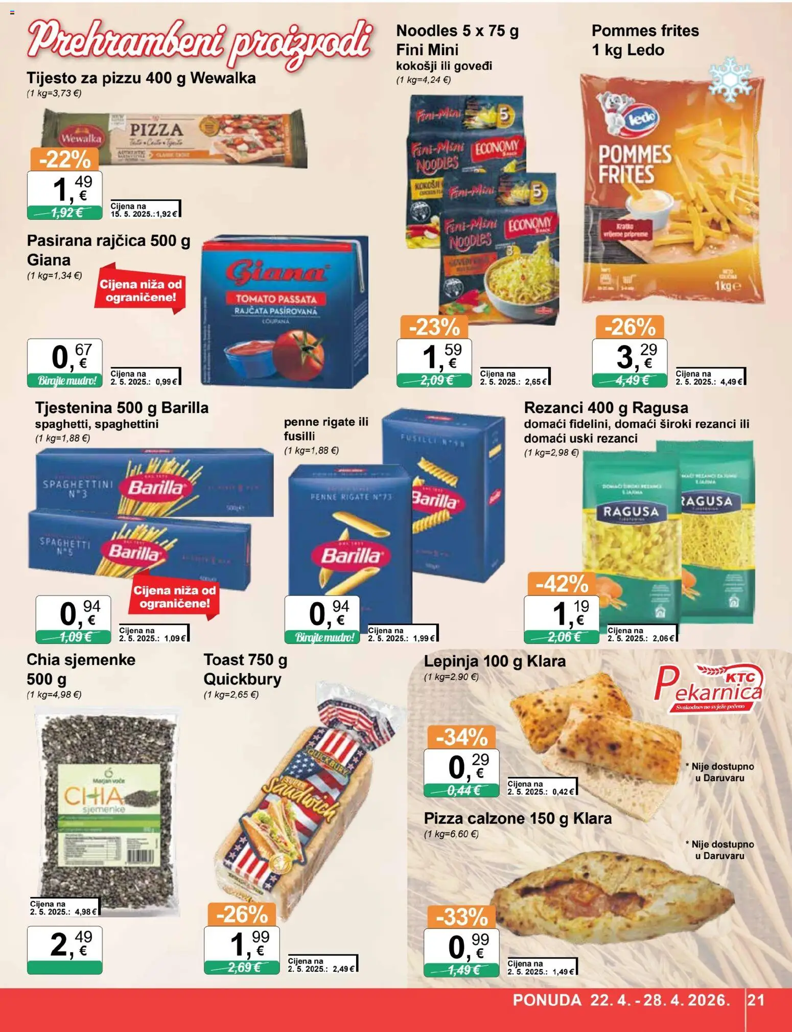 KTC katalog | vrijedi od 22.04.2026 | Stranica: 21 | Proizvodi: Pasirana rajčica, Pizza, Tjestenina, Tijesto za pizzu