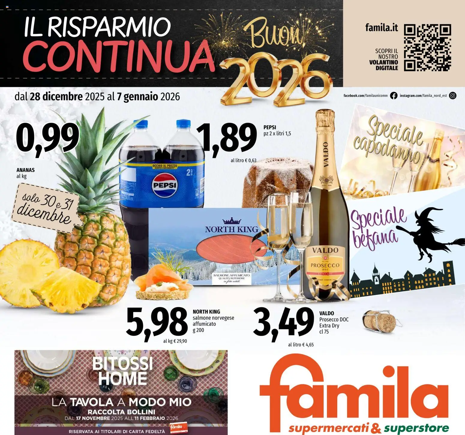 Volantino Famila del 28.12.2025 | Pagina: 1 | Prodotti: Salmone affumicato, Salmone, Ananas, Pepsi