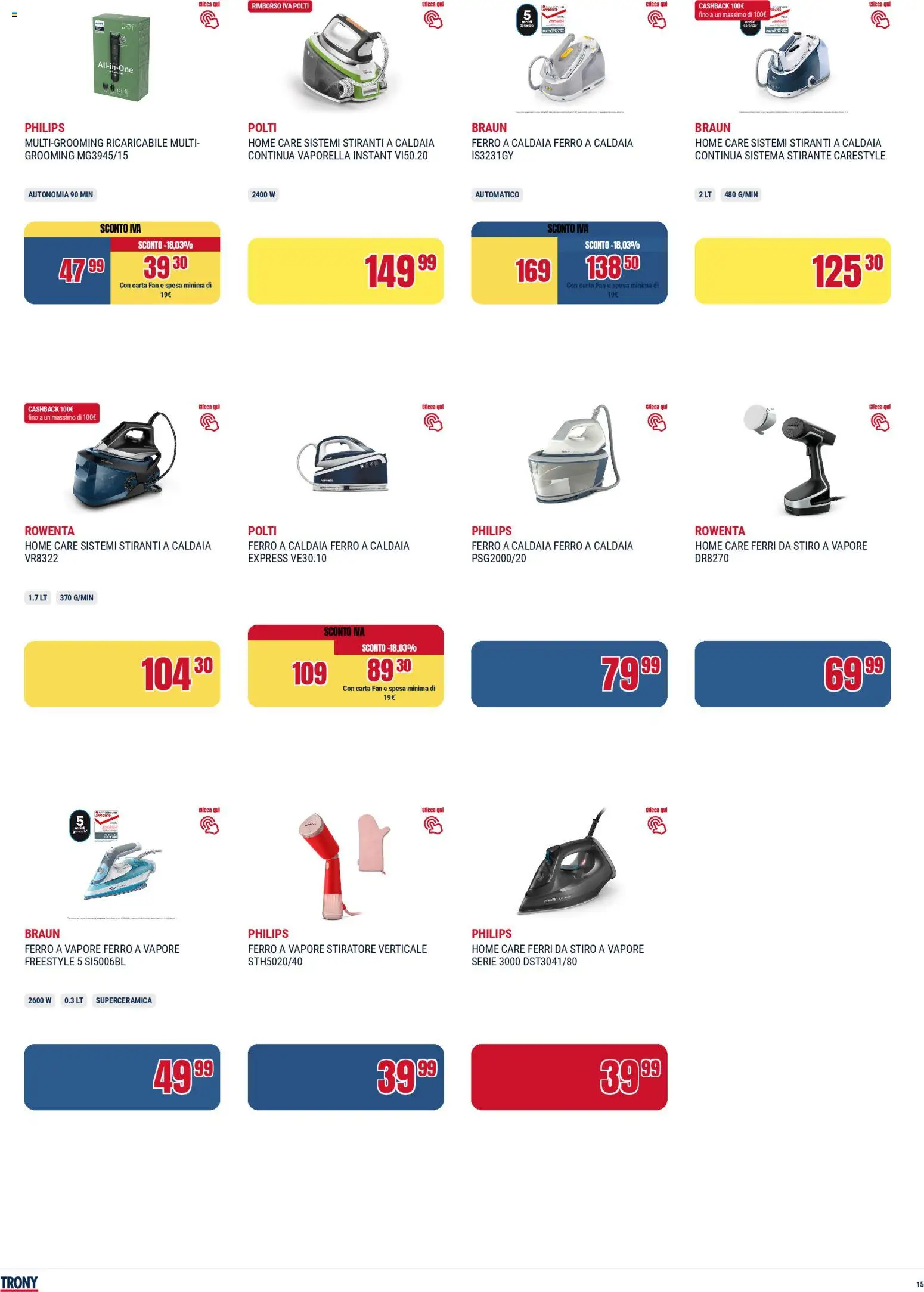 Volantino Trony del 02.04.2026 | Pagina: 15 | Prodotti: Stiratore verticale, Caldaia, Fan