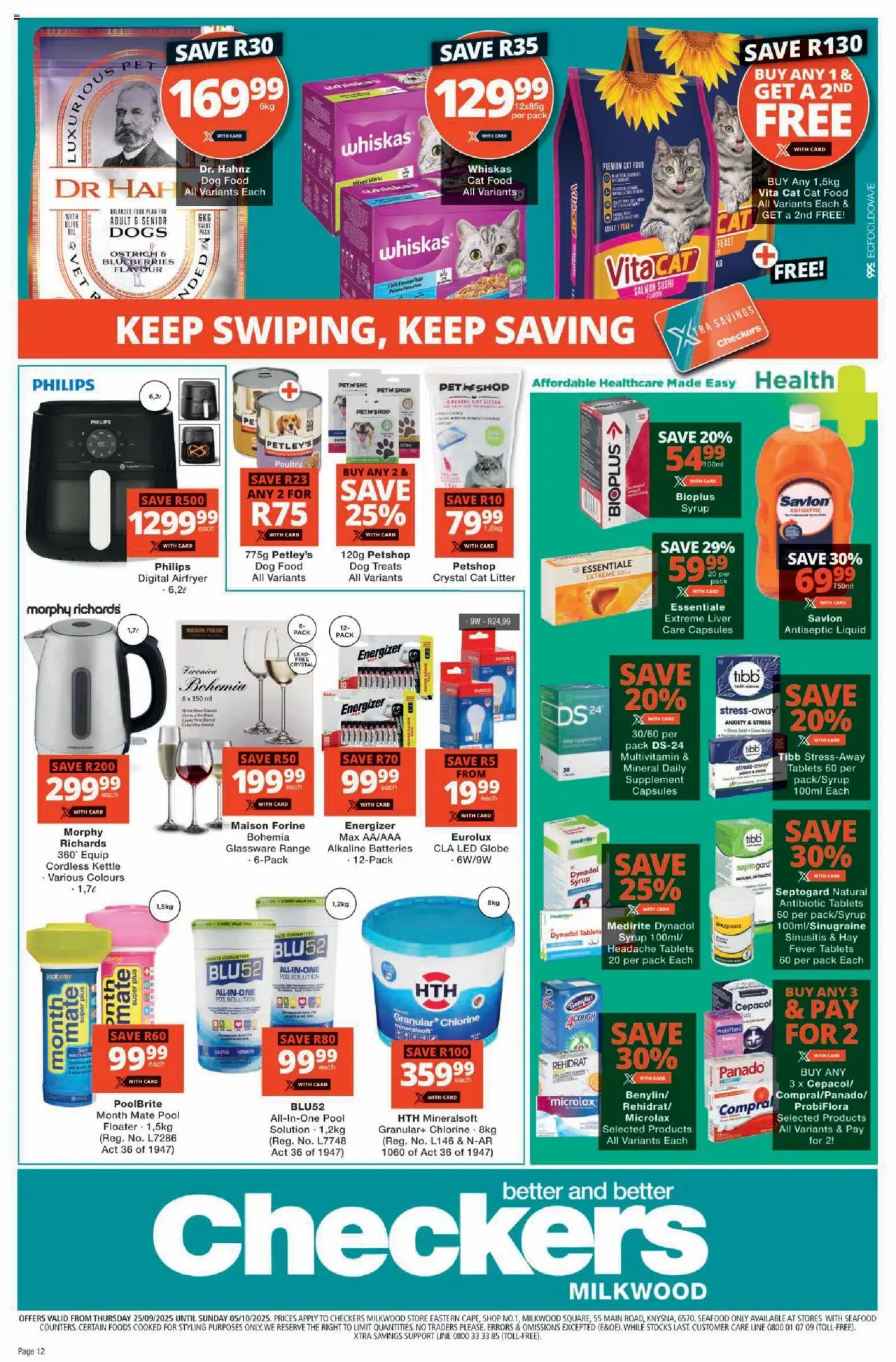 New Checkers catalogue – valid from 25.09.2025 | Page: 12 | Products: Globe, Antiseptic liquid, Syrup, Cat food