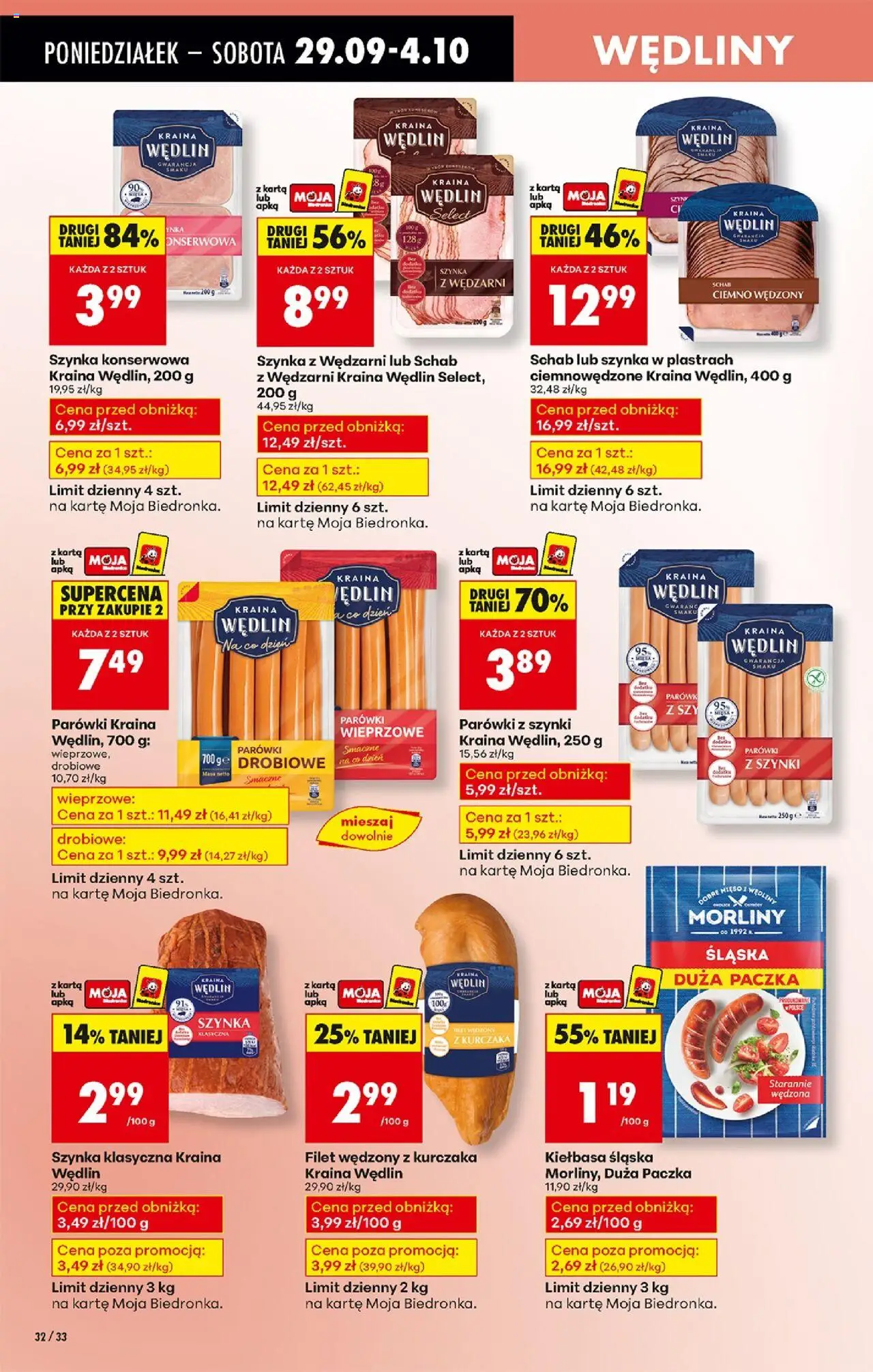 Biedronka gazetka od 29.09.2025 | Strona: 42 | Produkty: Schab, Parówki, Kiełbasa śląska, Filet wędzony z kurczaka