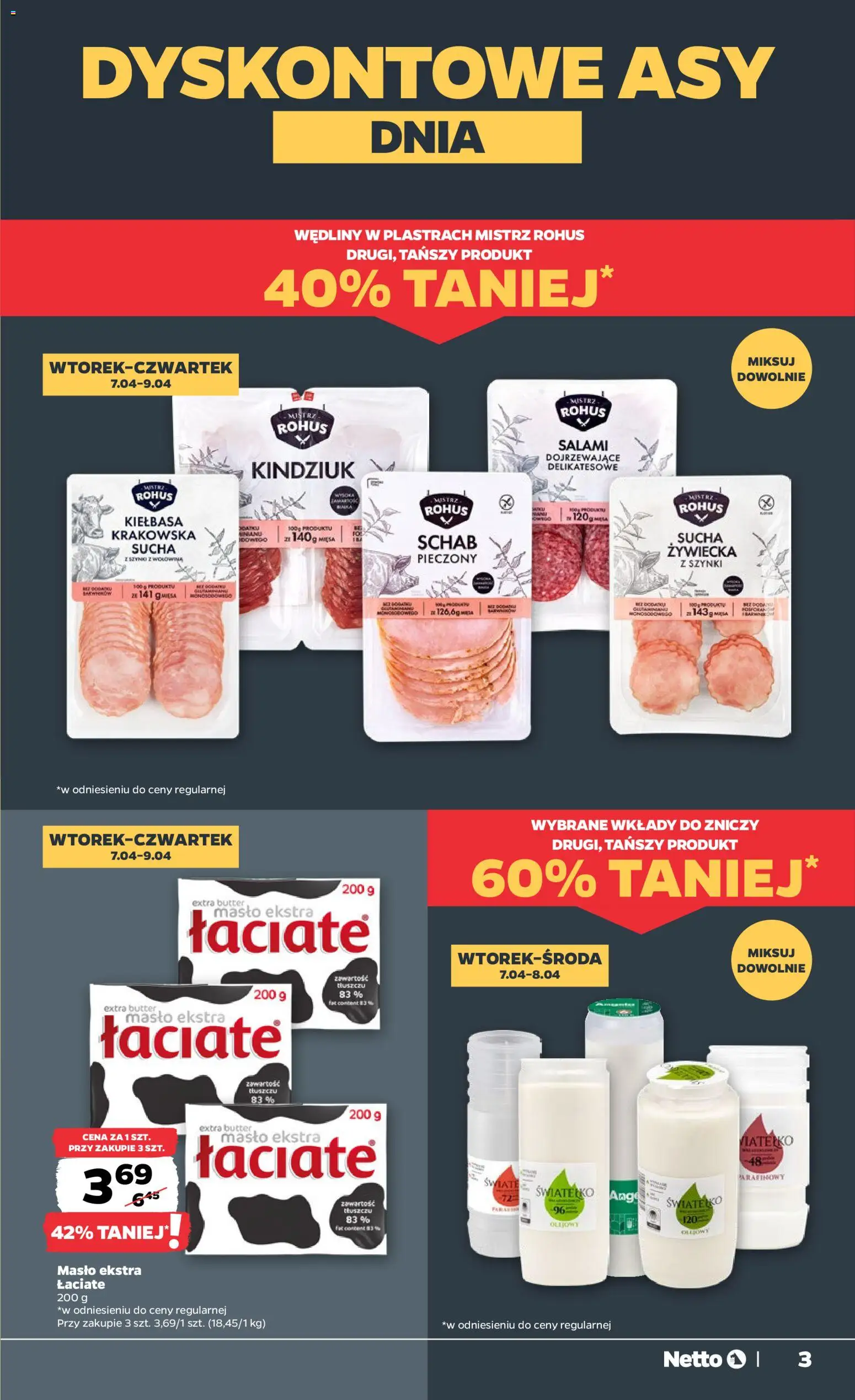 Netto gazetka od wtorku spożywcza od 07.04.2026 | Strona: 3 | Produkty: Kiełbasa, Wkłady do zniczy, Schab, Masło