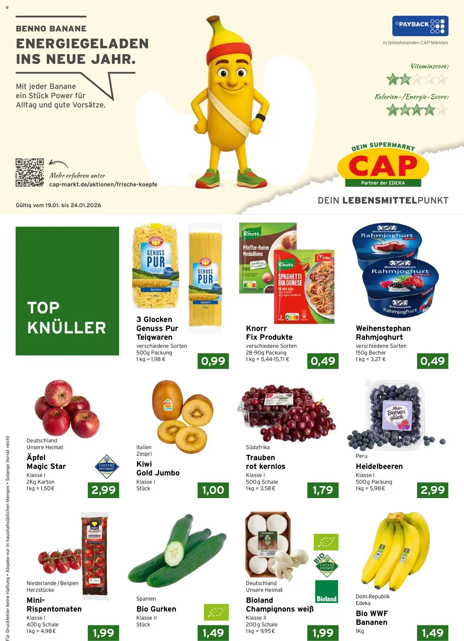 CAP Markt Prospekt – gültig ab 19.01.2026 | Seite: 1 | Produkte: Äpfel, Knorr, Heidelbeeren, Kiwi