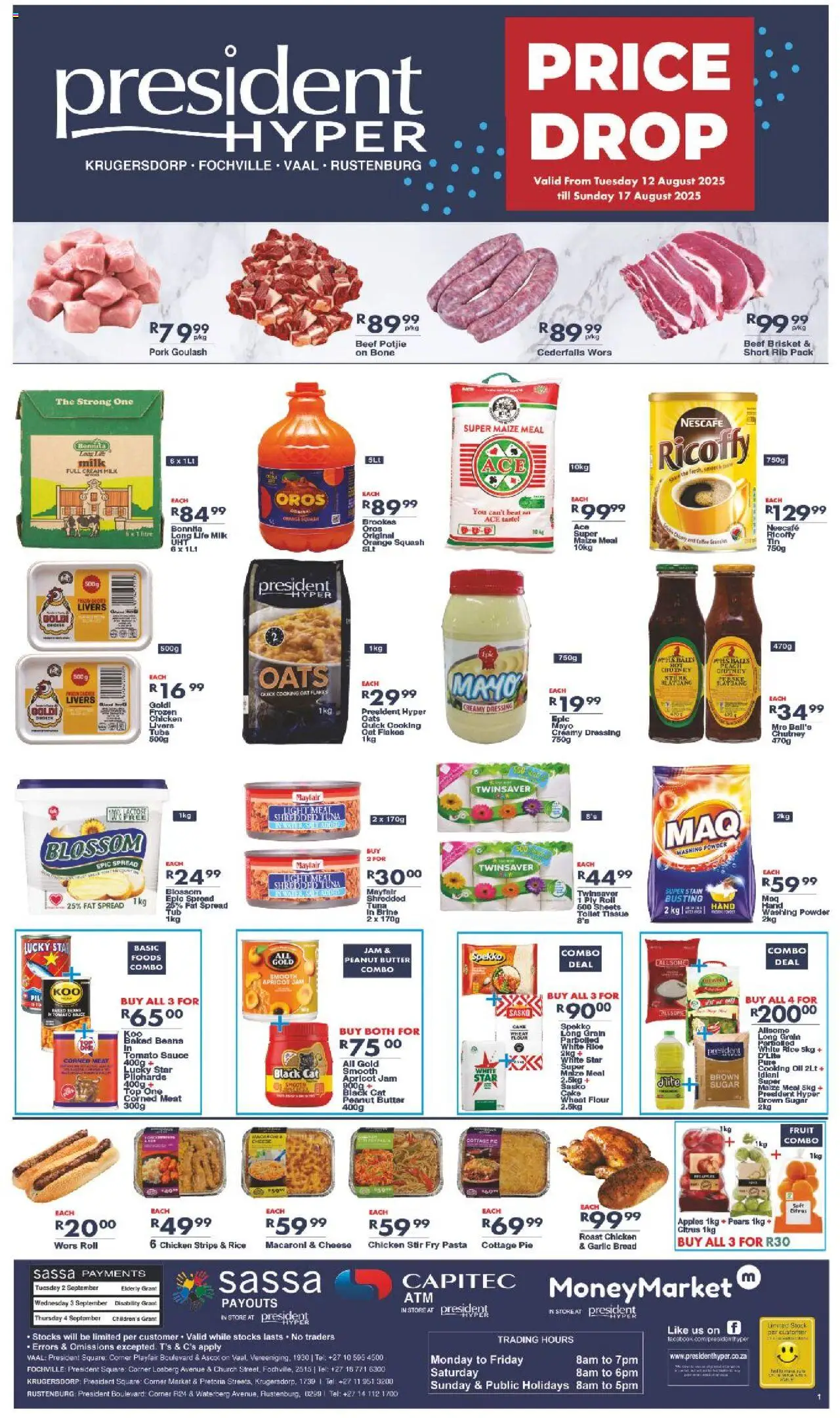 President Hyper - Price Drop │ valid from 12.08.2025 | Page: 1 | Products: Corned meat, Baked beans, Oats, Light