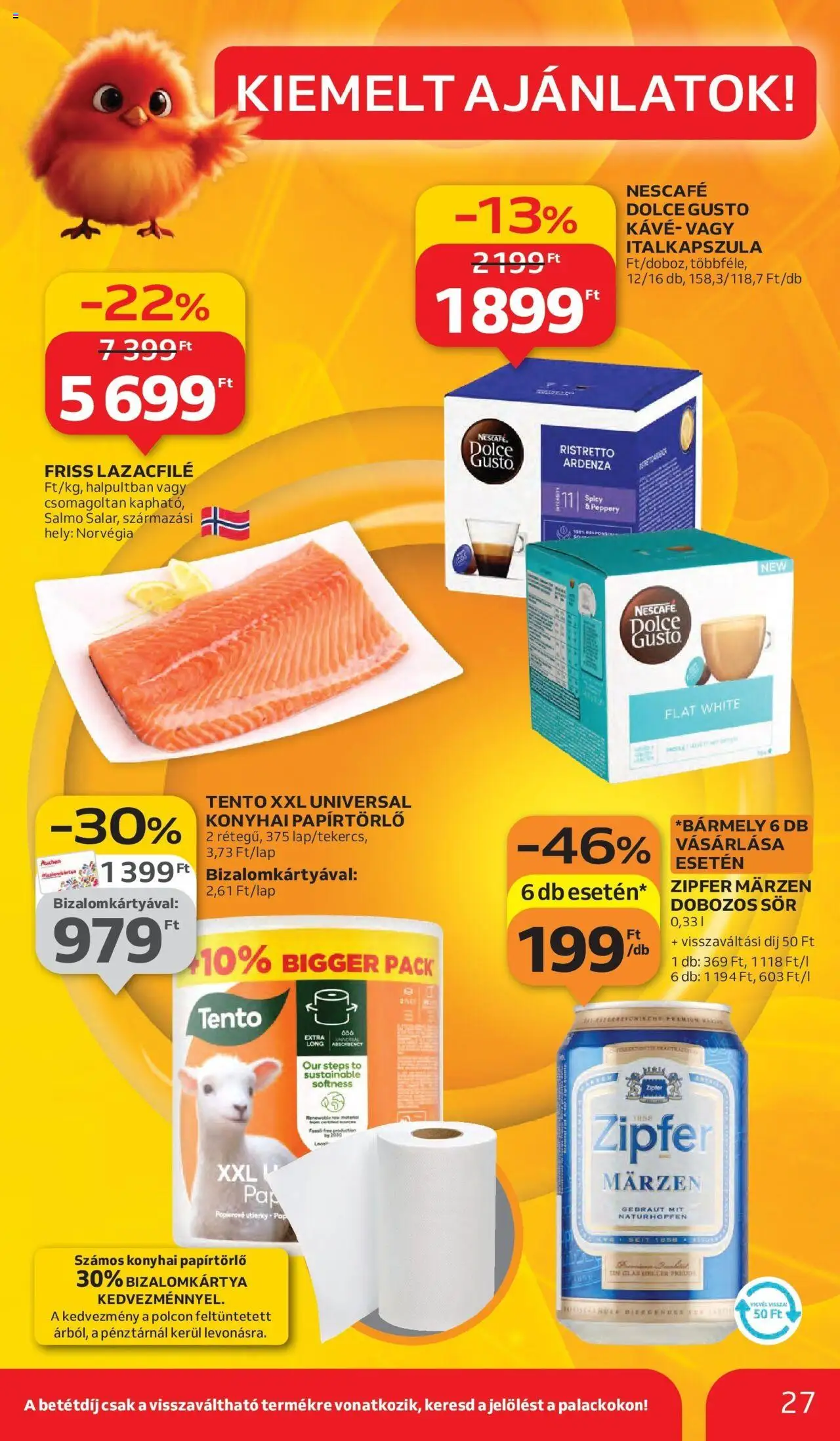 Auchan akciós ujság - amely érvényes a következő dátumtól: 11.09.2025 | Oldal: 27 | Termékek: Dolce Gusto, Nescafé, Lazacfilé, Sör