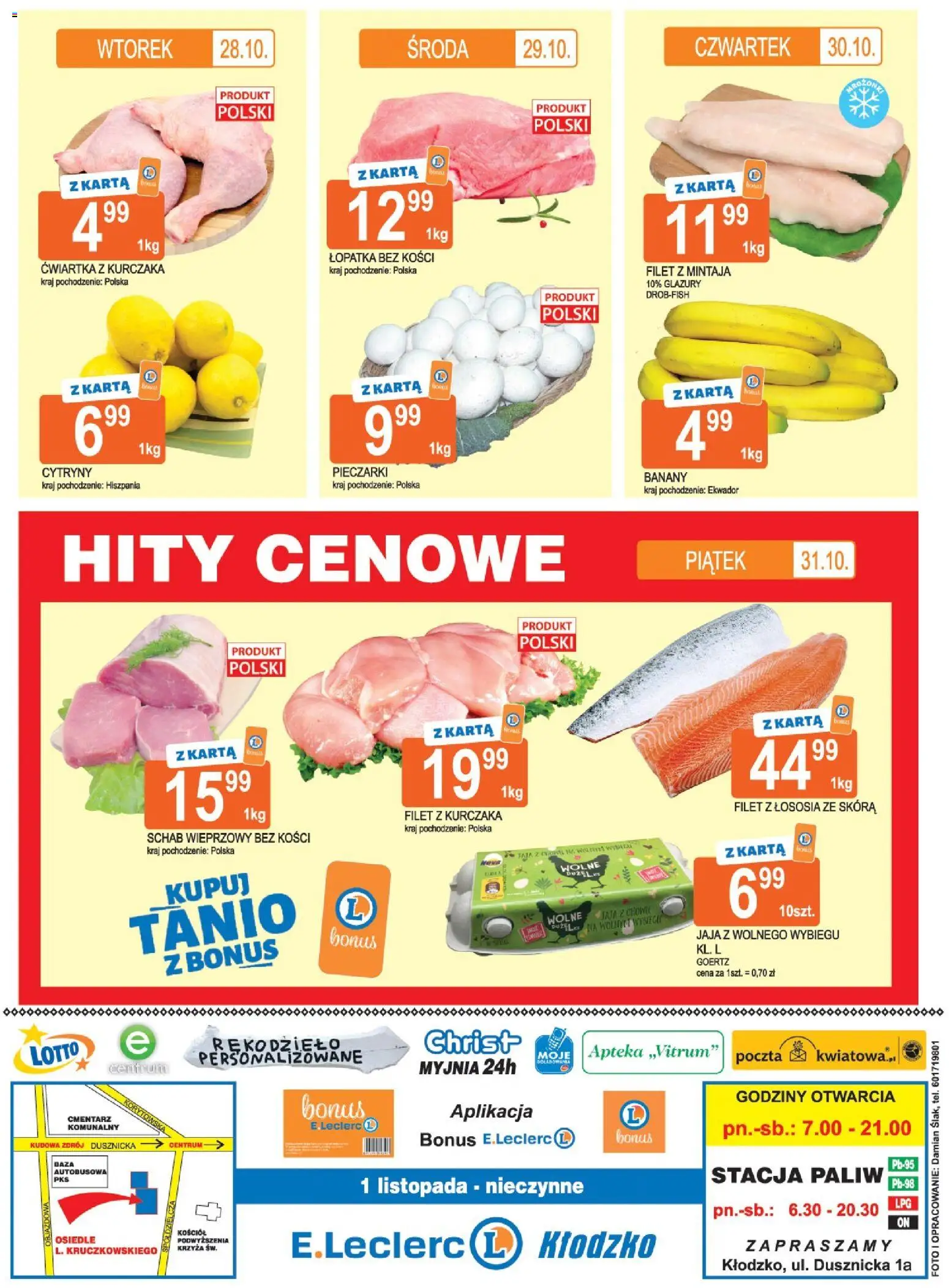 E.Leclerc Gazetka - Kłodzko od 28.10.2025 | Strona: 16 | Produkty: Schab wieprzowy bez kości, Cytryny, Filet z łososia, Ćwiartka z kurczaka