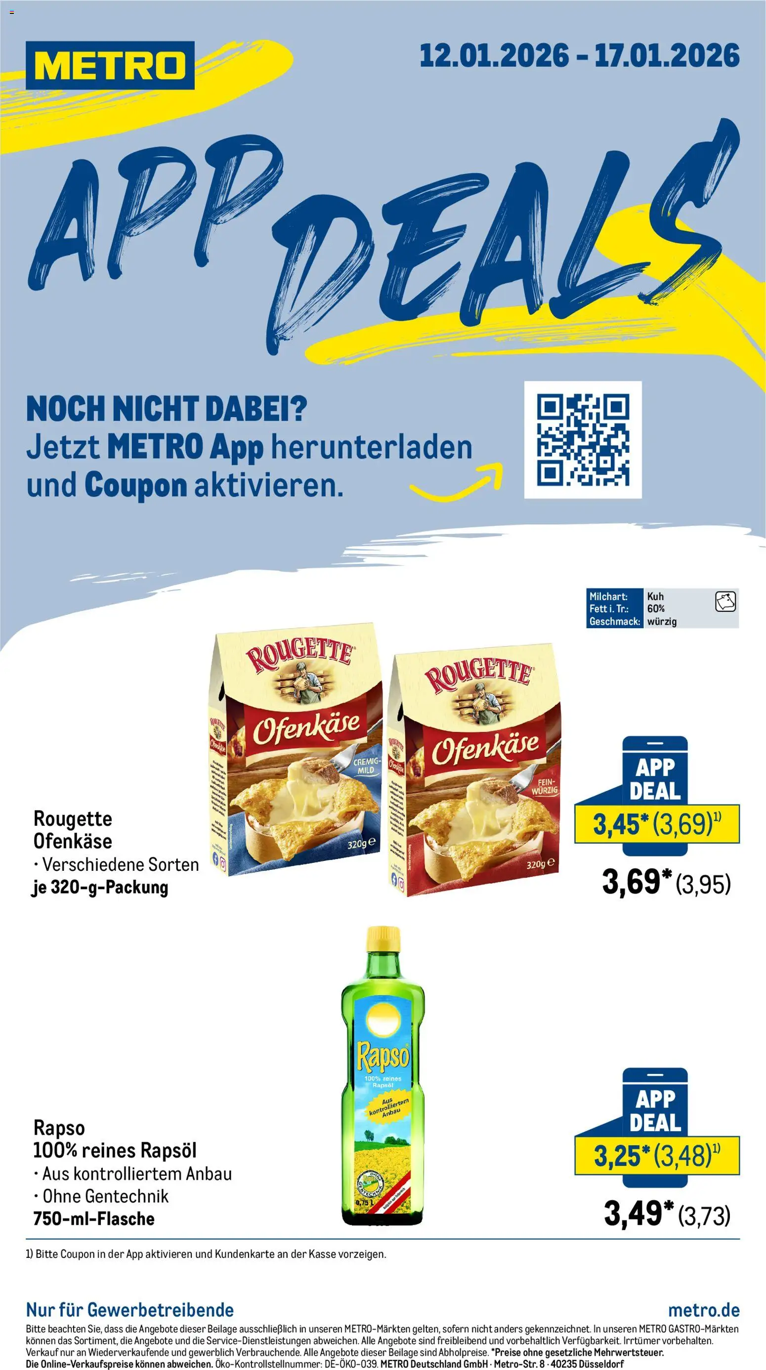 Metro App-Deals – gültig ab 12.01.2026 | Seite: 1 | Produkte: Rapsöl, Rougette ofenkase