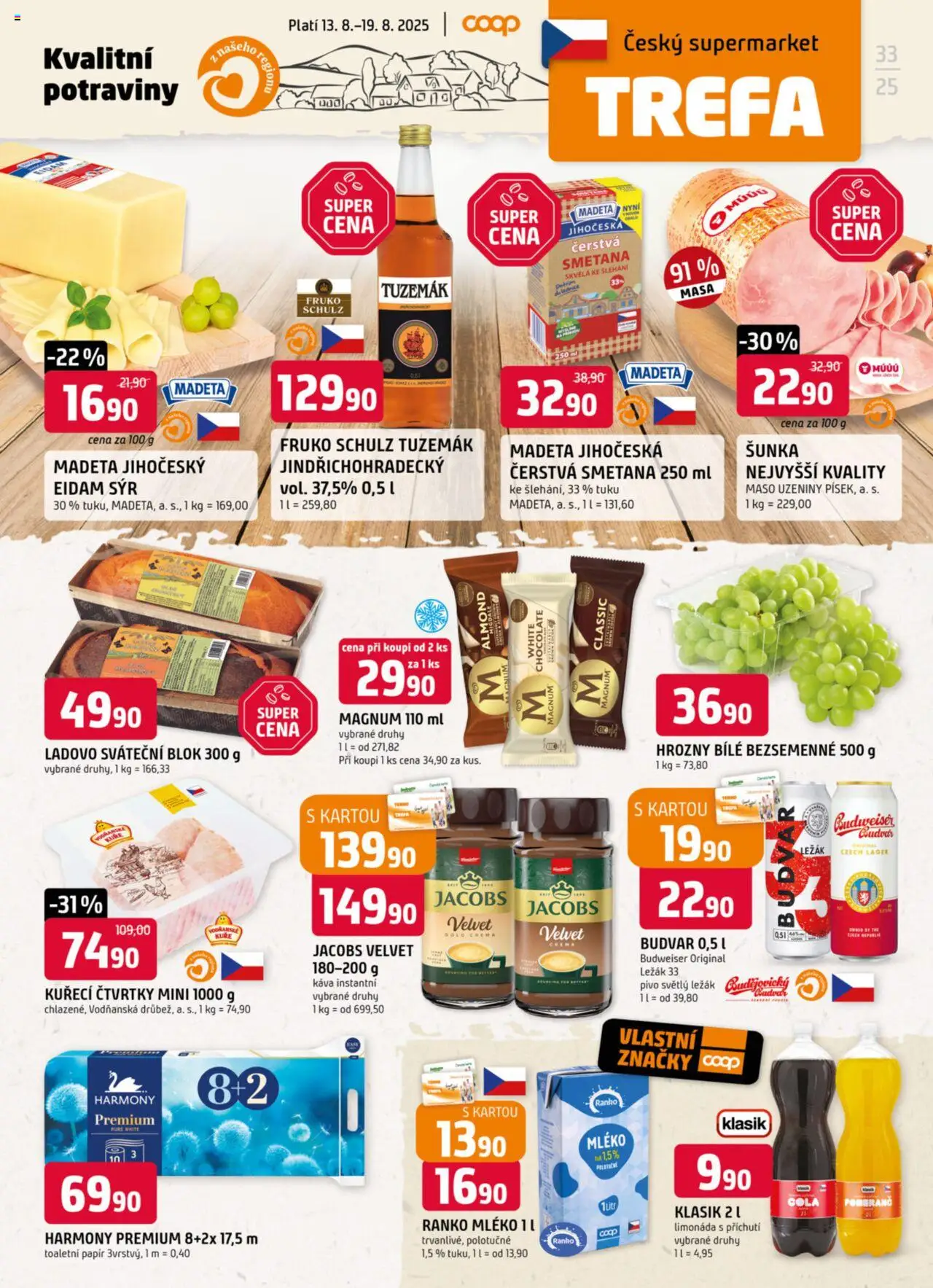 Trefa leták od 13.08.2025 | Strana: 1 | Produkty: Budvar, Mléko, Smetana, Cola