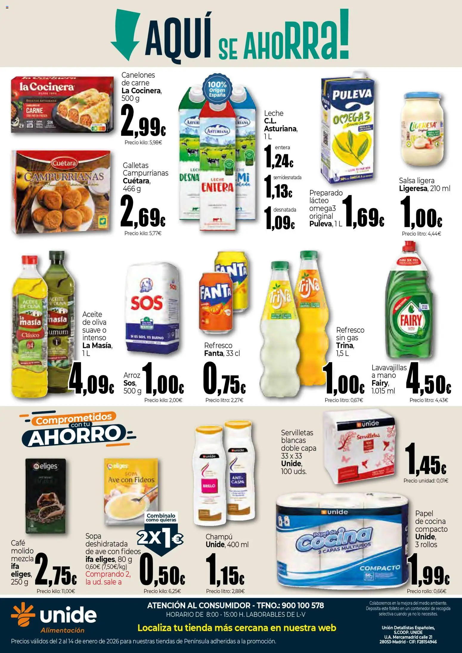 Unide - Alimentación Península │ válido desde el 02.01.2026 | Página: 2 | Productos: Leche entera, Champú, Café, Cocina