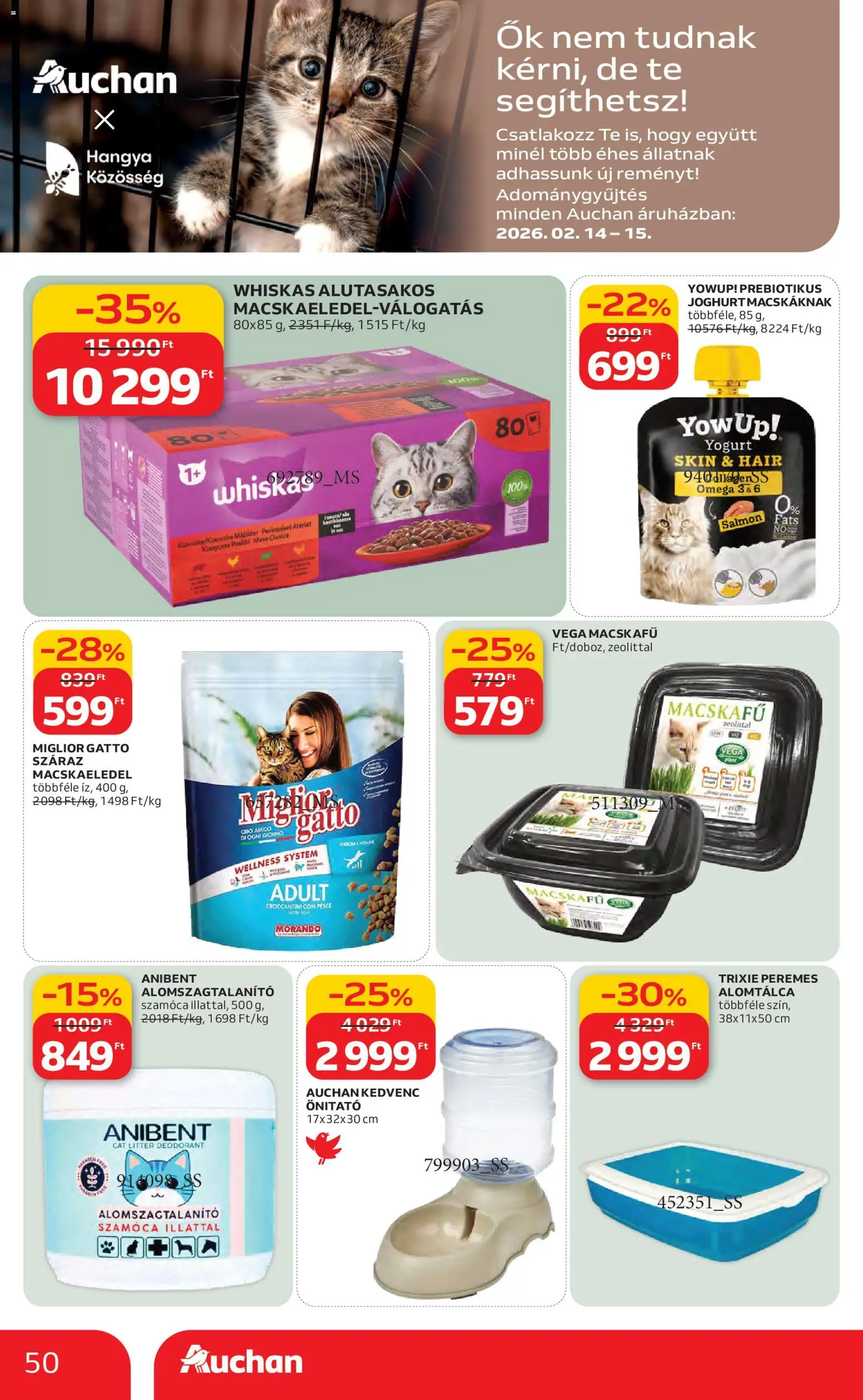 Auchan akciós ujság - amely érvényes a következő dátumtól: 12.02.2026 | Oldal: 50 | Termékek: Omega 3, Macskaeledel, Whiskas, Joghurt