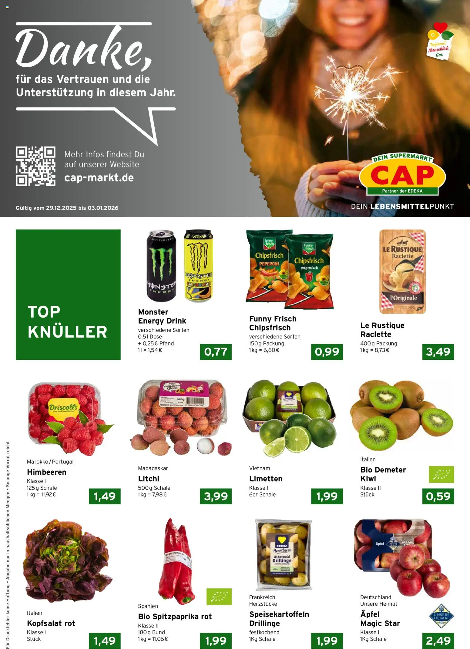CAP Markt Prospekt – gültig ab 29.12.2025 | Seite: 1 | Produkte: Limetten, Äpfel, Monster, Kiwi