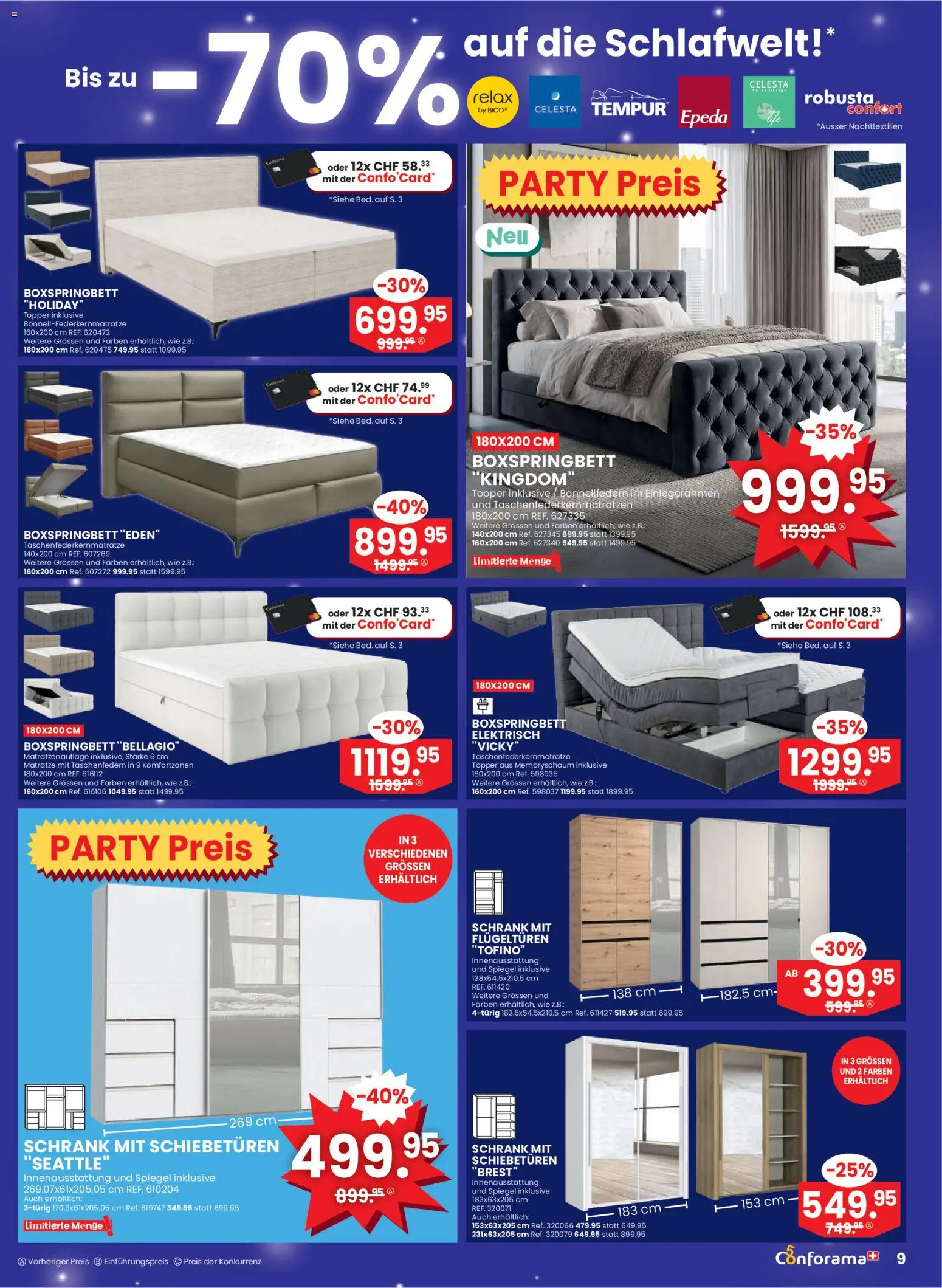 Conforama aktionen – gültig ab 25.03.2026 | Seite: 9 | Produkte: Topper, Schrank, Spiegel, Boxspringbett
