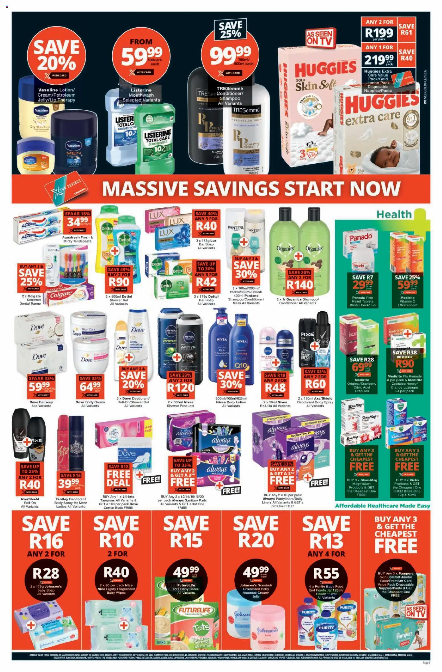 New Checkers catalogue – valid from 02.03.2026 | Page: 9 | Products: Milk, Shampoo, Mouthwash, Lotion