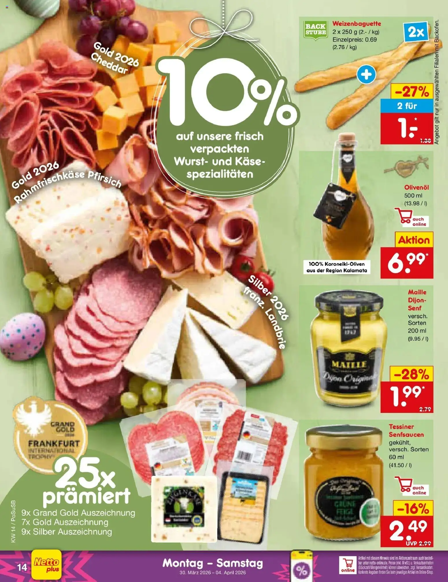 Netto Marken-Discount Prospekt Regensburg	 – gültig ab 29.03.2026 | Seite: 16 | Produkte: Käse, Olivenol, Wurst, Pfirsich