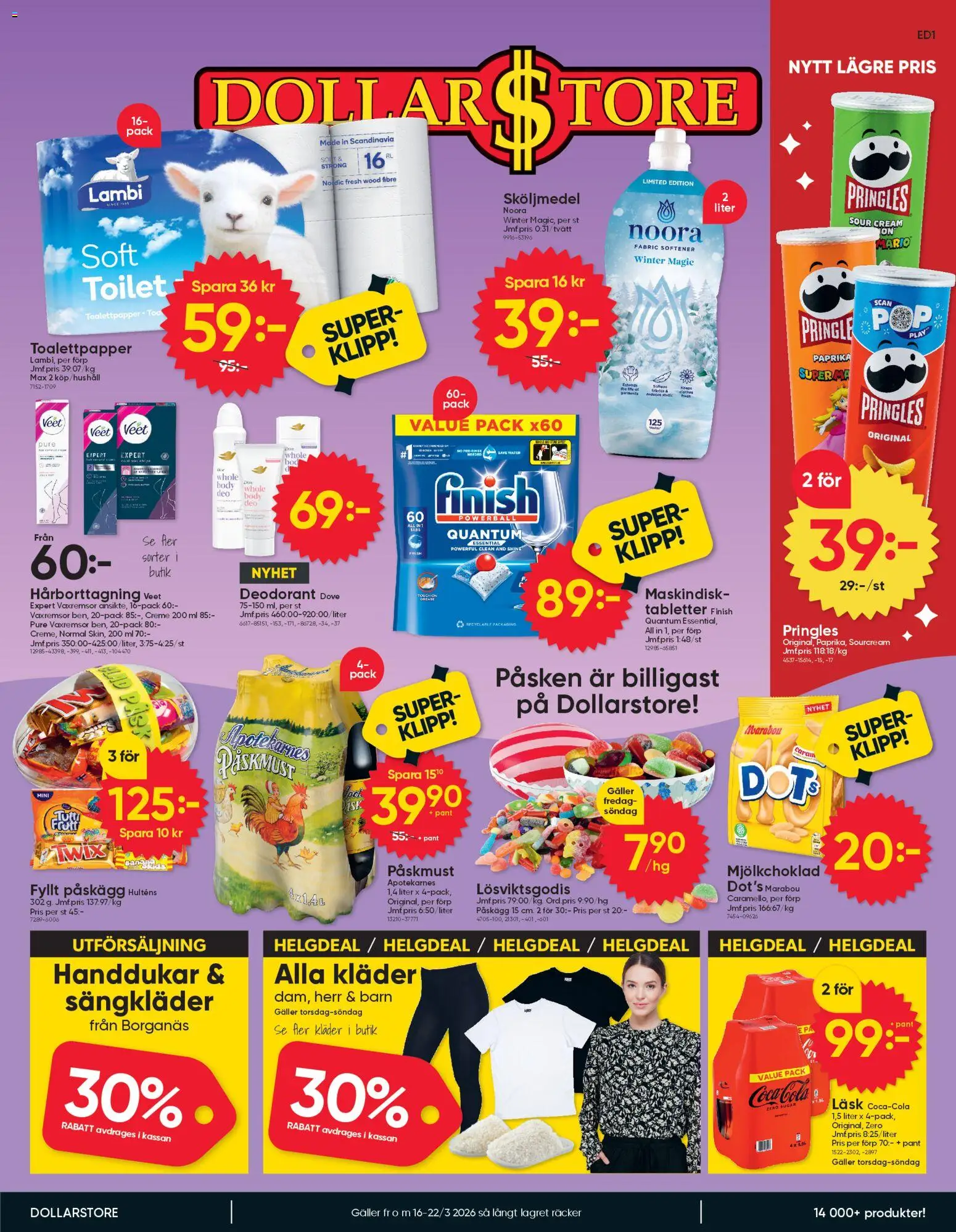 Dollar Store reklamblad aktuell från 16.03.2026 | Sida: 1 | Produkter: Deodorant, Sköljmedel, Galler, Kläder