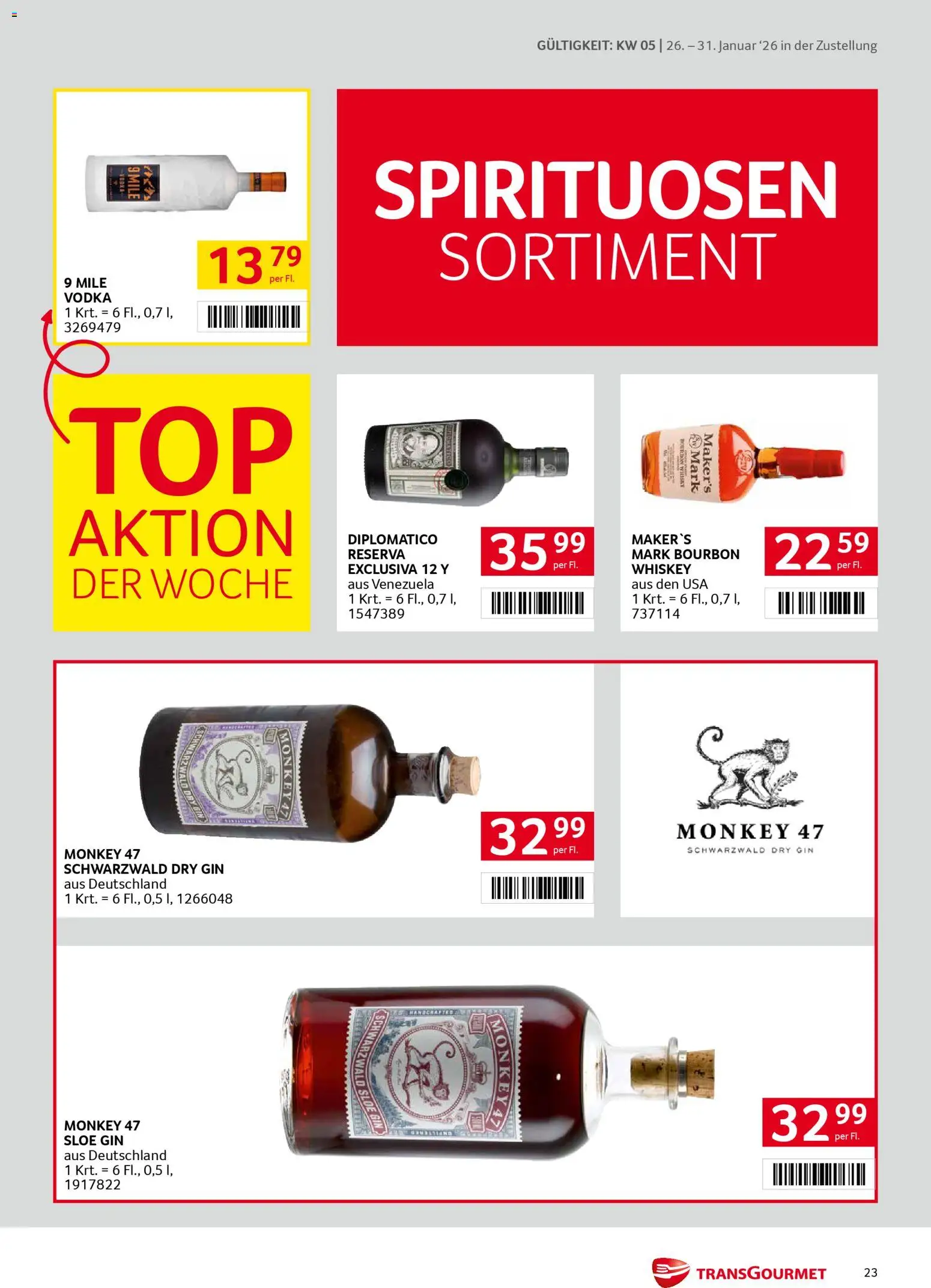 Transgourmet Zustellaktion gültig ab 26.01.2026 | Seite: 23 | Produkte: Gin, Whiskey, Bourbon