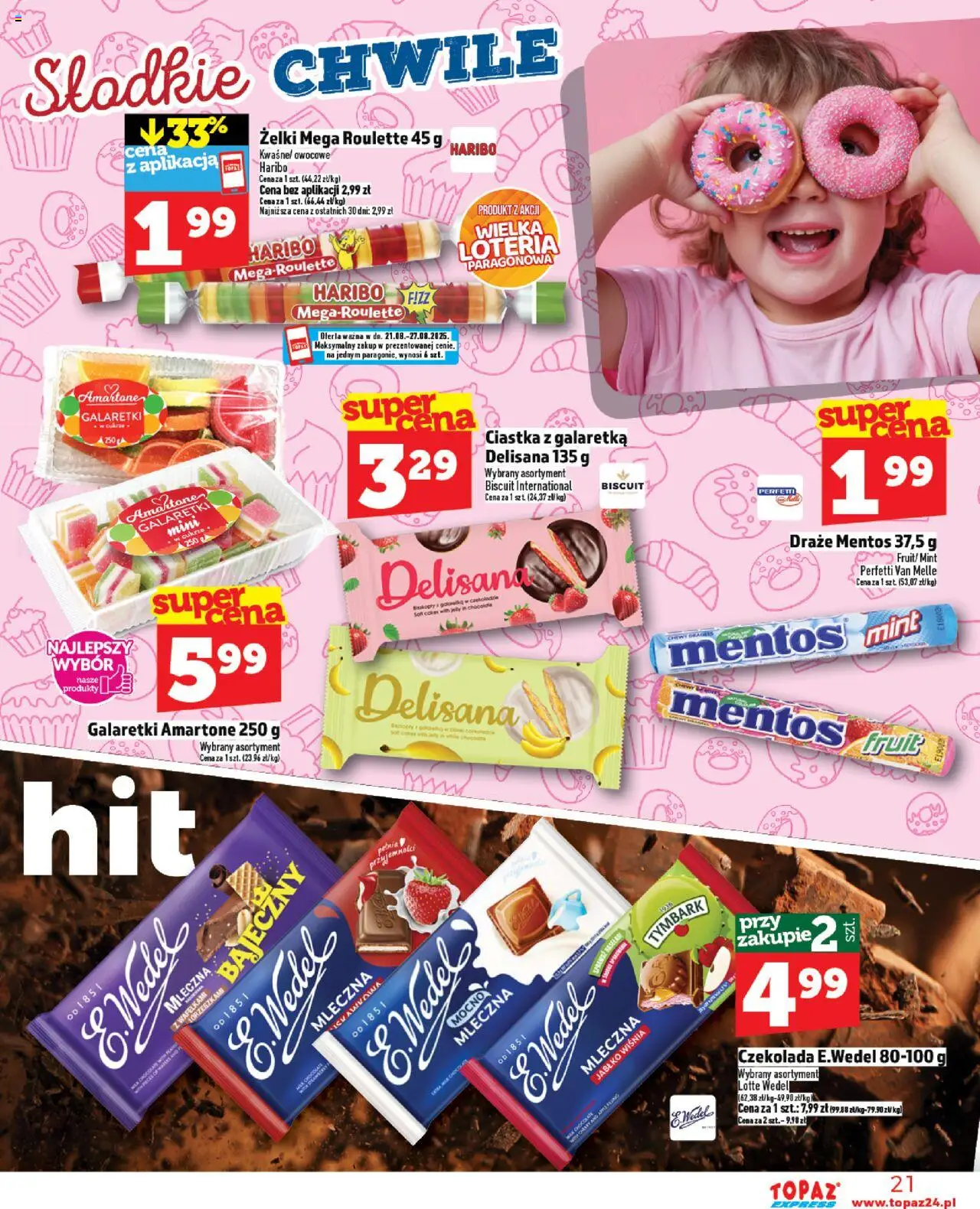 Topaz Gazetka - Express od 21.08.2025 | Strona: 21 | Produkty: Galaretki, Żelki, Czekolada, Ciastka