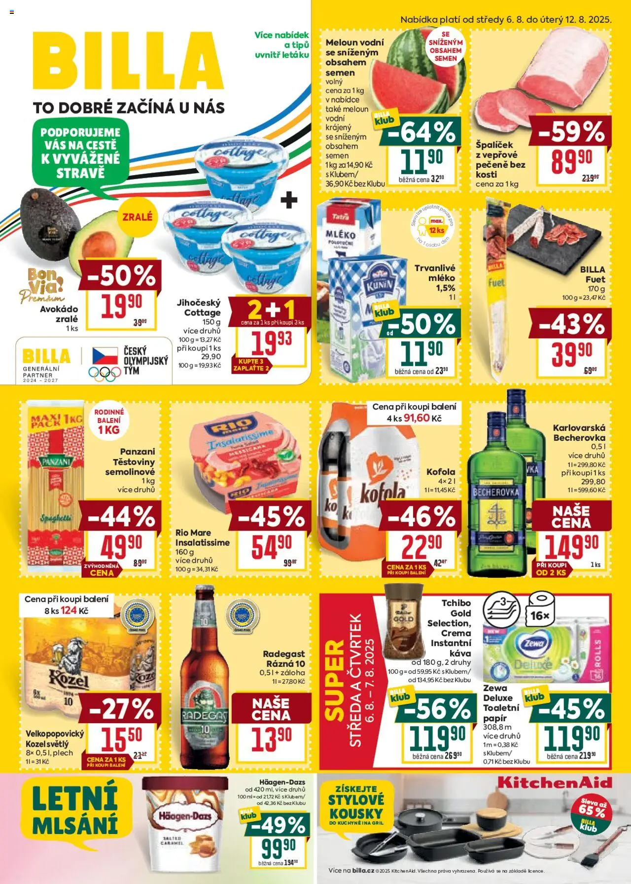 Billa Velký leták od 06.08.2025 | Strana: 1 | Produkty: Káva, Crema, Tchibo Gold, Becherovka