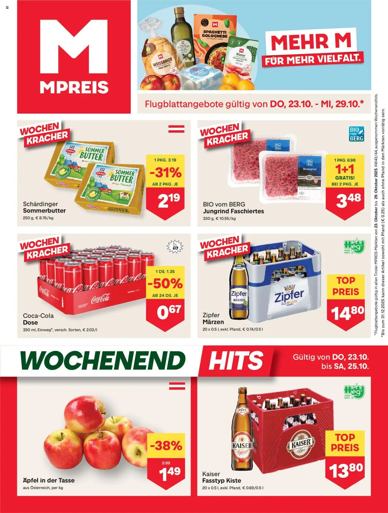 MPREIS Absam gültig ab 23.10.2025 | Seite: 1 | Produkte: Butter, Hajdina liszt, Äpfel