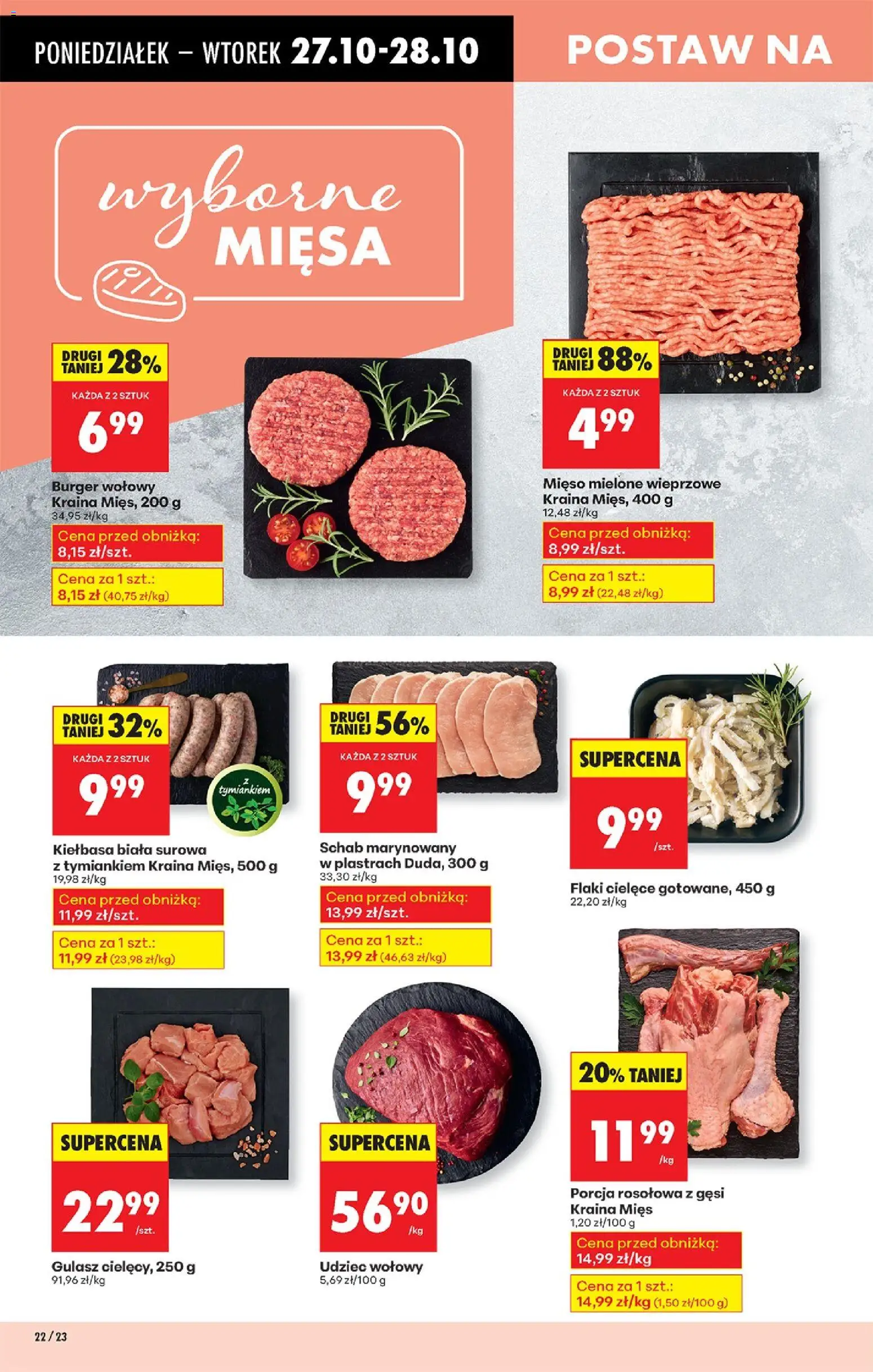Biedronka gazetka od 27.10.2025 | Strona: 28 | Produkty: Burger wołowy, Kraina mięs, Mięso mielone, Flaki