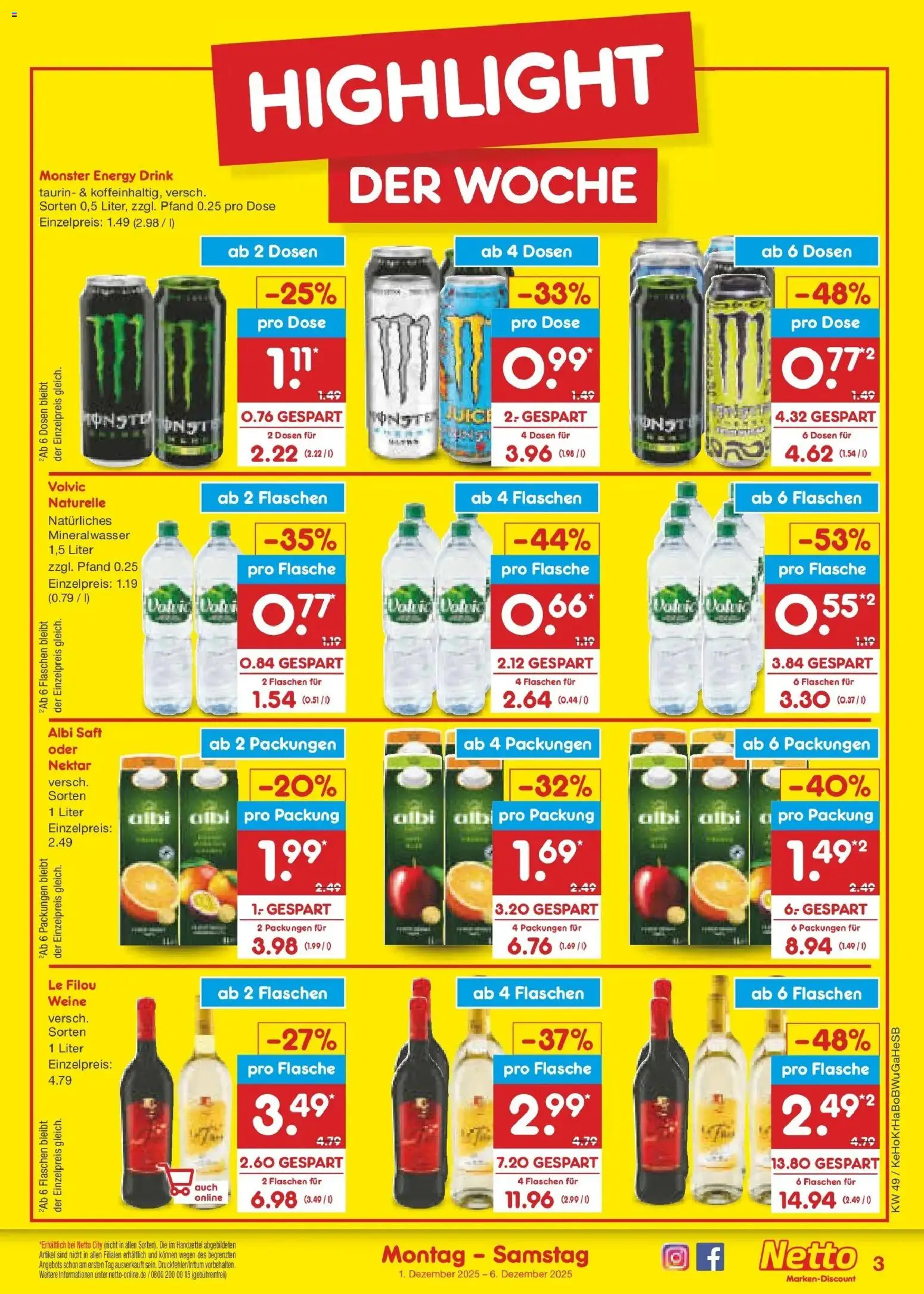 Netto Marken-Discount prospekt Bonn	 – gültig ab 01.12.2025 | Seite: 3 | Produkte: Le filou, Energy, Saft, Volvic