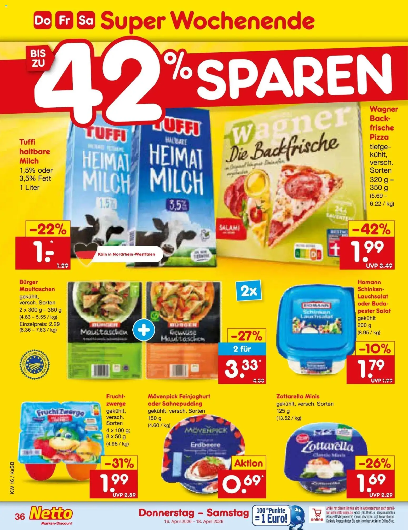 Netto Marken-Discount Prospekt Kruft	 – gültig ab 13.04.2026 | Seite: 54 | Produkte: Milch, Wagner pizza, Salami, Schinken