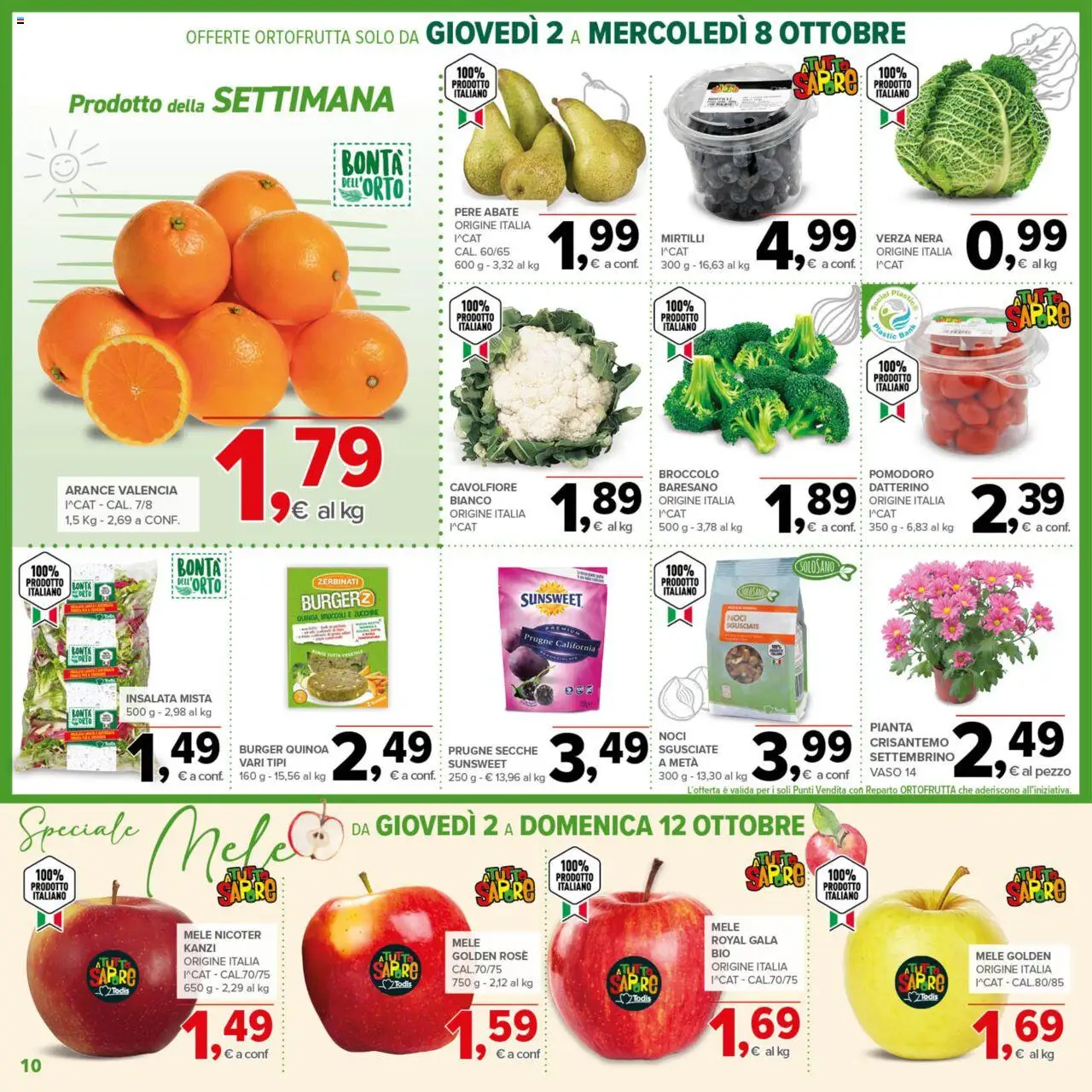Volantino Todis del 02.10.2025 | Pagina: 10 | Prodotti: Mele, Noci, Mirtilli, Broccoli