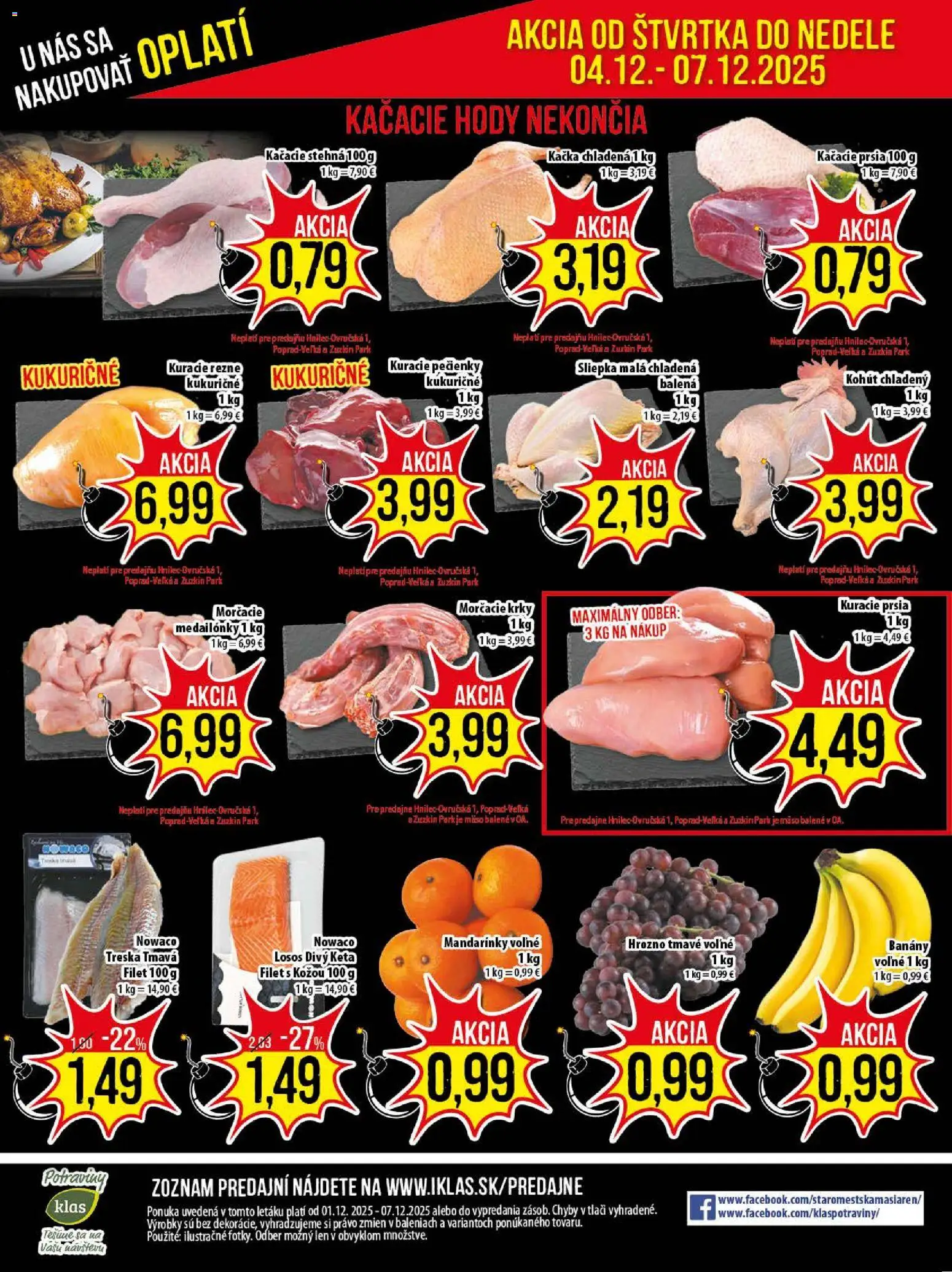 Nové Klas akcie – leták je platný od 01.12.2025 | Strana: 25 | Produkty: Kuracie prsia, Losos, Mandarinky, Hrozno