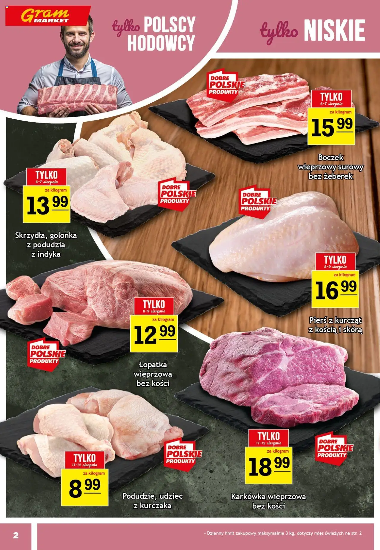 Gram Market Gazetka od 06.08.2025 | Strona: 2 | Produkty: Karkówka, Karkówka wieprzowa, Boczek, Łopatka wieprzowa