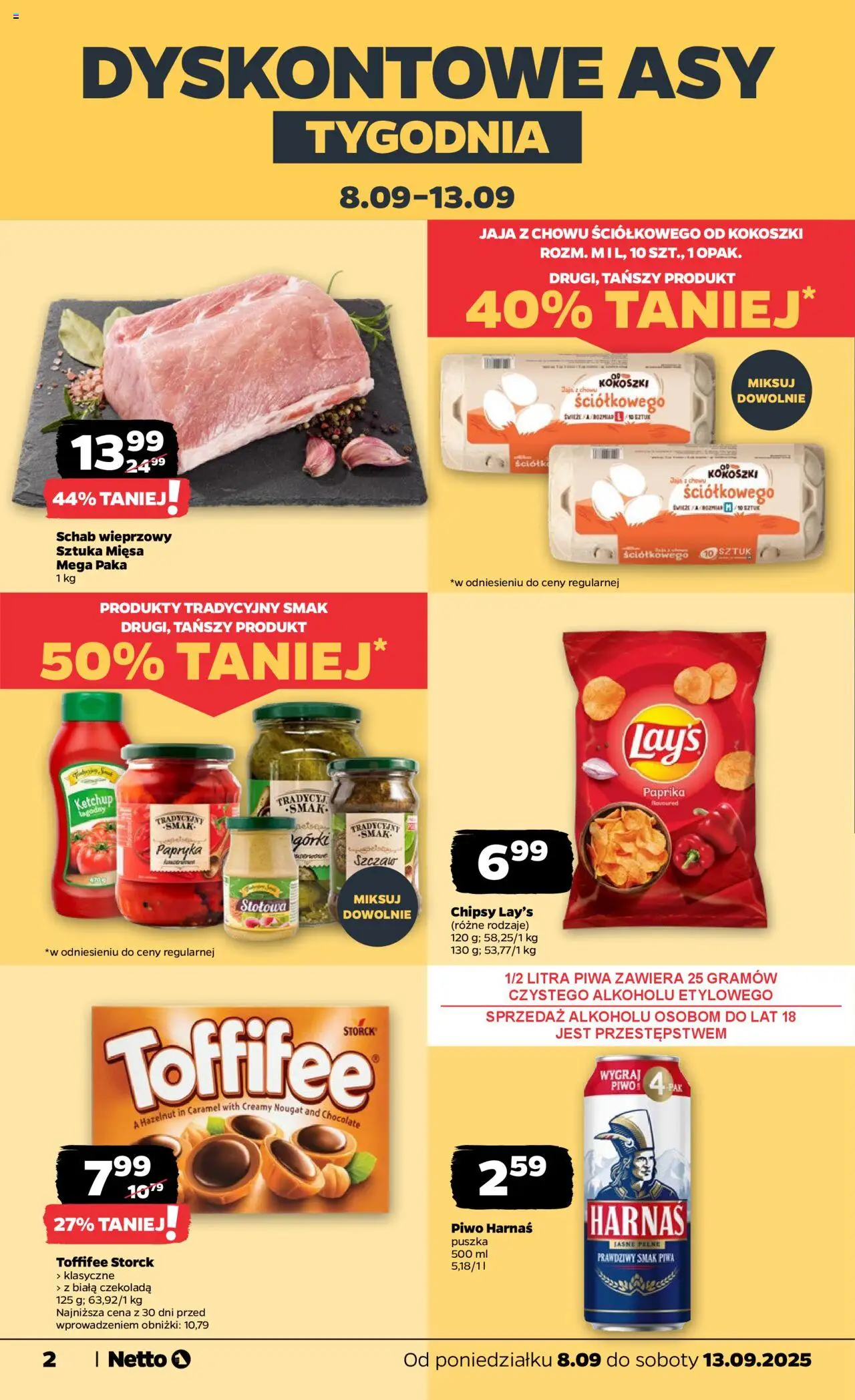 Netto gazetka - Spożywcza od 08.09.2025 | Strona: 2 | Produkty: Schab wieprzowy, Toffifee, Czekolada, Jaja