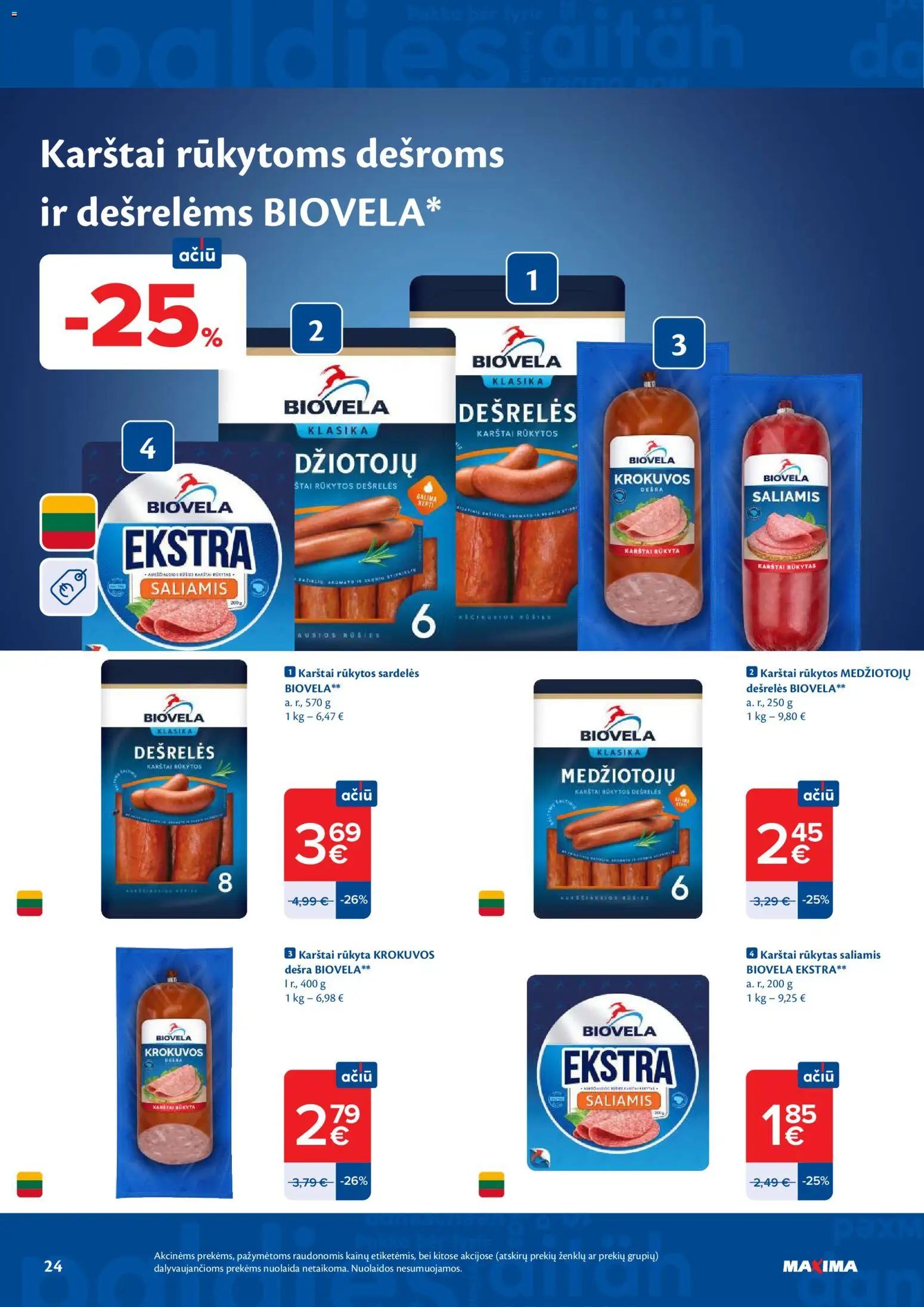 MAXIMA akcijos nuo 28.04.2026 | Puslapis: 24 | Prekių: Sardelės, Dešrelės, Saliamis, Dešra