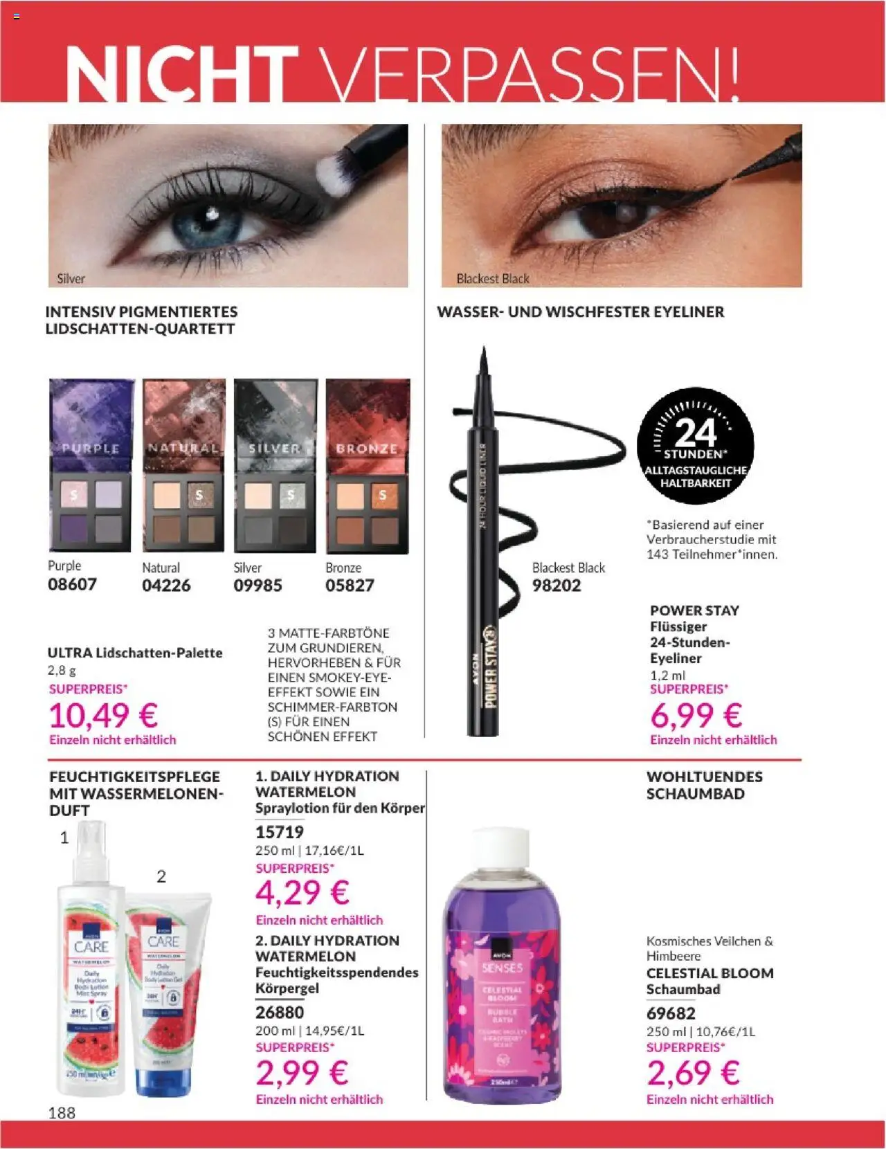 AVON Katalog August 2025 - gültig ab dem 01.08.2025 | Seite: 190 | Produkte: Eyeliner, Wasser, Body Lotion, Himbeere