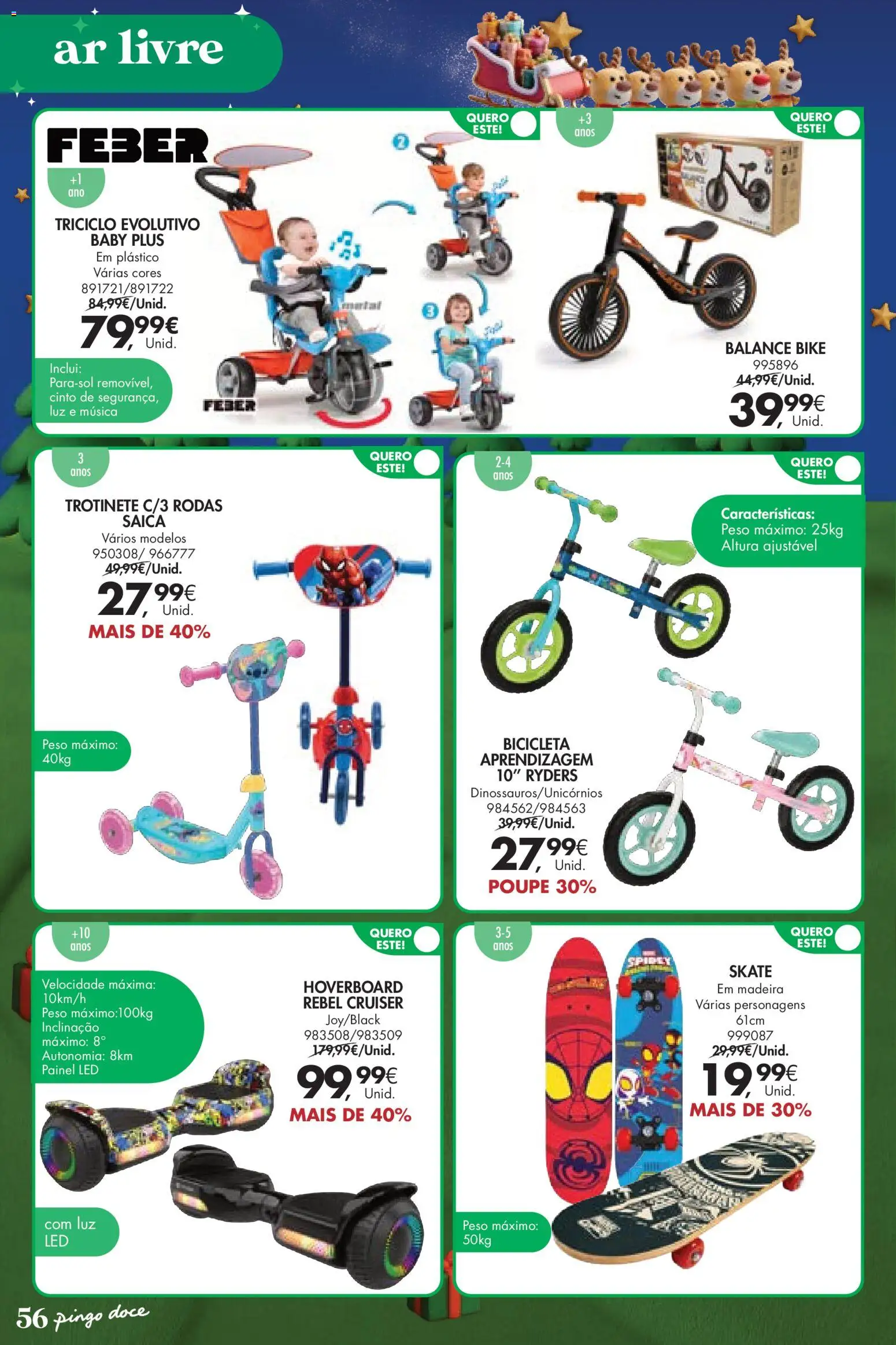 Pingo Doce  Brinquedos Natal Lojas Hipers │ válido de 18.11.2025 | Página: 56 | Produtos: Cinto, Skate, Bicicleta, Trotinete