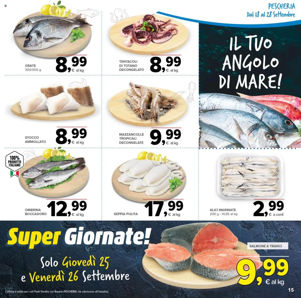 Volantino Todis del 18.09.2025 | Pagina: 15 | Prodotti: Salmone, Mazzancolle, Totano, Alici
