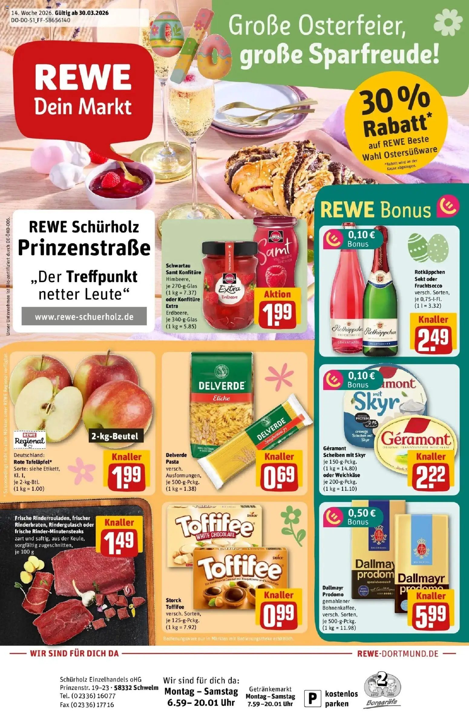 Rewe Prospekt Schwelm	 – gültig ab 30.03.2026 | Seite: 1 | Produkte: Sekt, Skyr, Fruchtsecco, Uhr