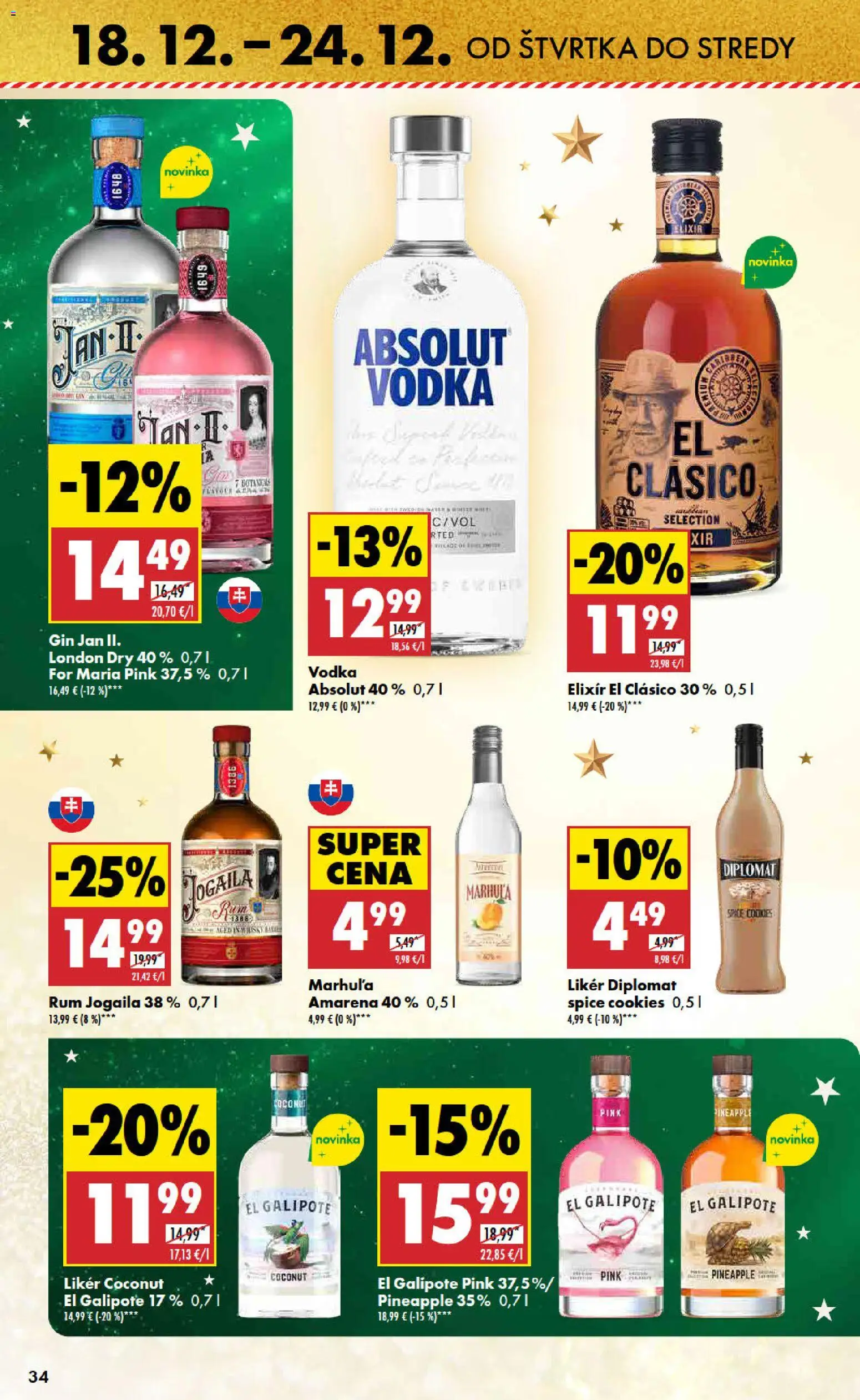 Nové Biedronka akcie – leták je platný od 18.12.2025 | Strana: 34 | Produkty: Gin, Vodka, Absolut vodka, Rum