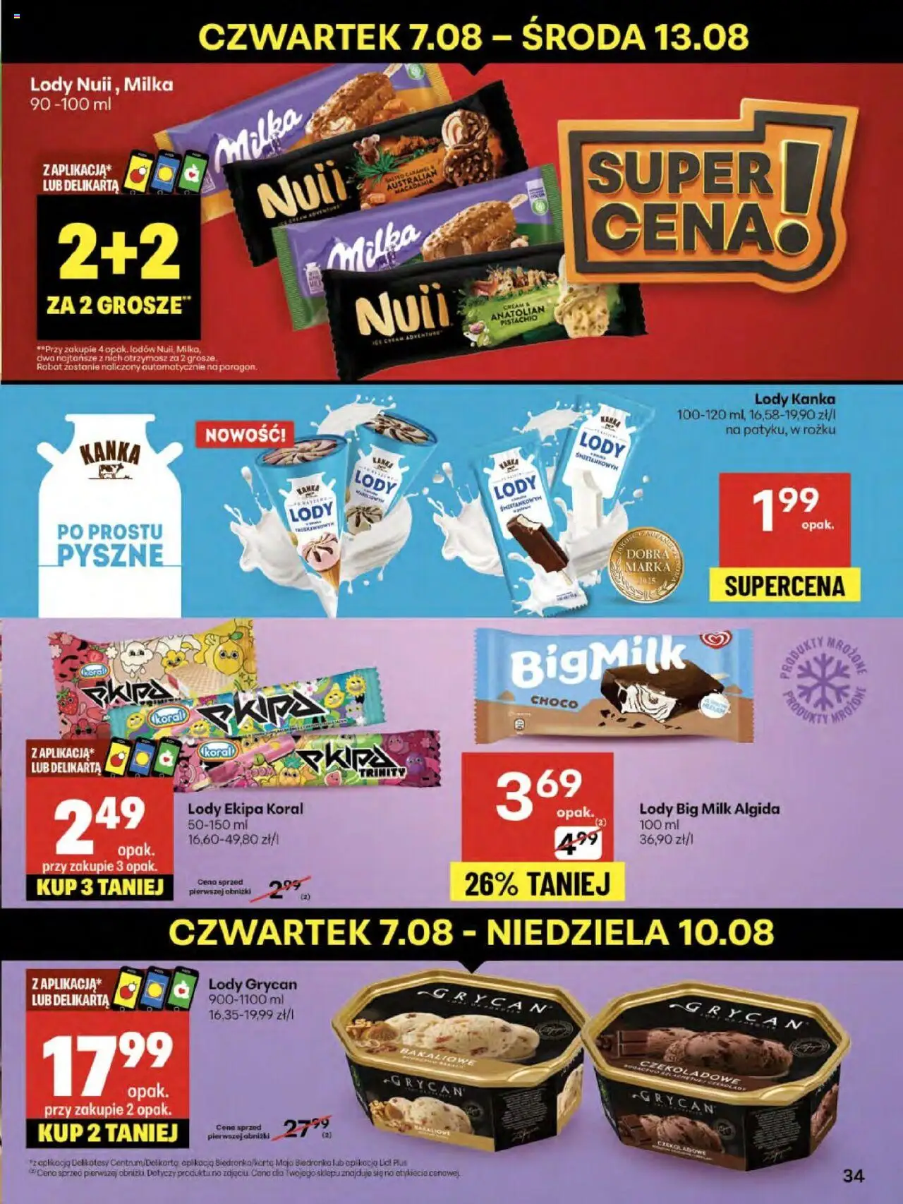 Delikatesy Centrum Gazetka - Sklepy Własne od 07.08.2025 | Strona: 34 | Produkty: Lody Grycan, Milka, Big Milk, Lody