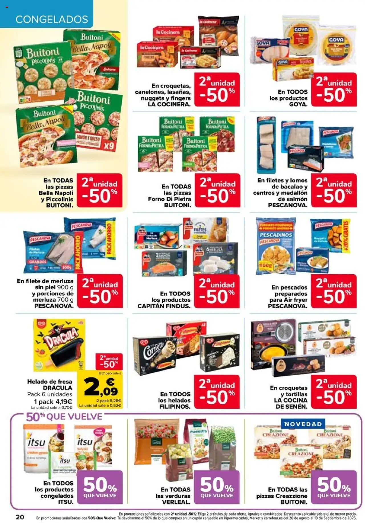 Carrefour folleto │ válido desde el 08.08.2025 | Página: 20 | Productos: Helado, Croquetas, Filete, Nuggets