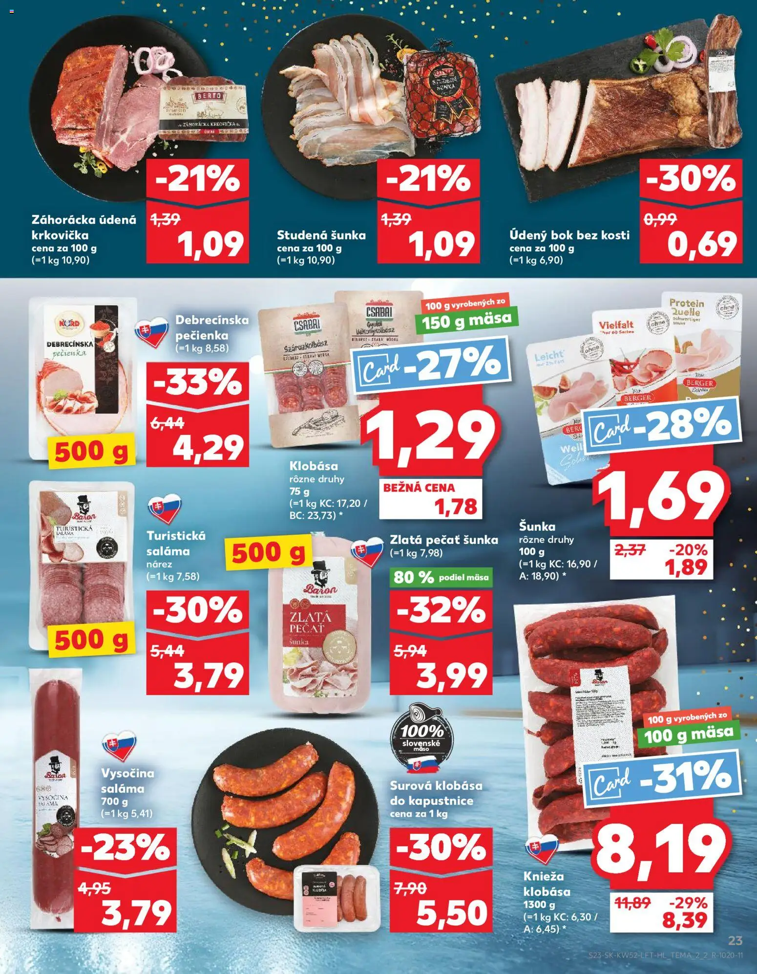 Nové Kaufland akcie – leták je platný od 27.12.2025 | Strana: 23 | Produkty: Saláma, Šunka, Protein, Krkovička