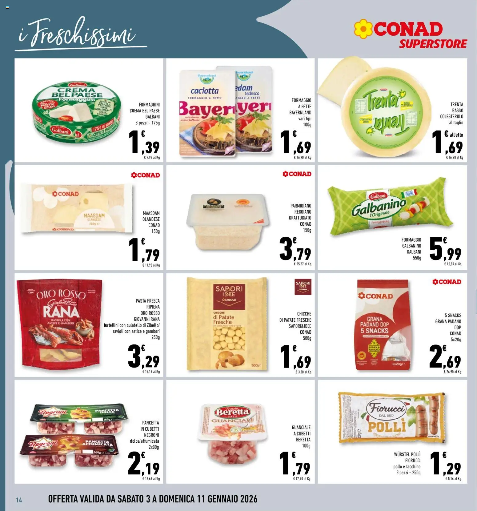 Volantino Conad del 03.01.2026 | Pagina: 14 | Prodotti: Crema, Gamberi, Pasta, Wurstel