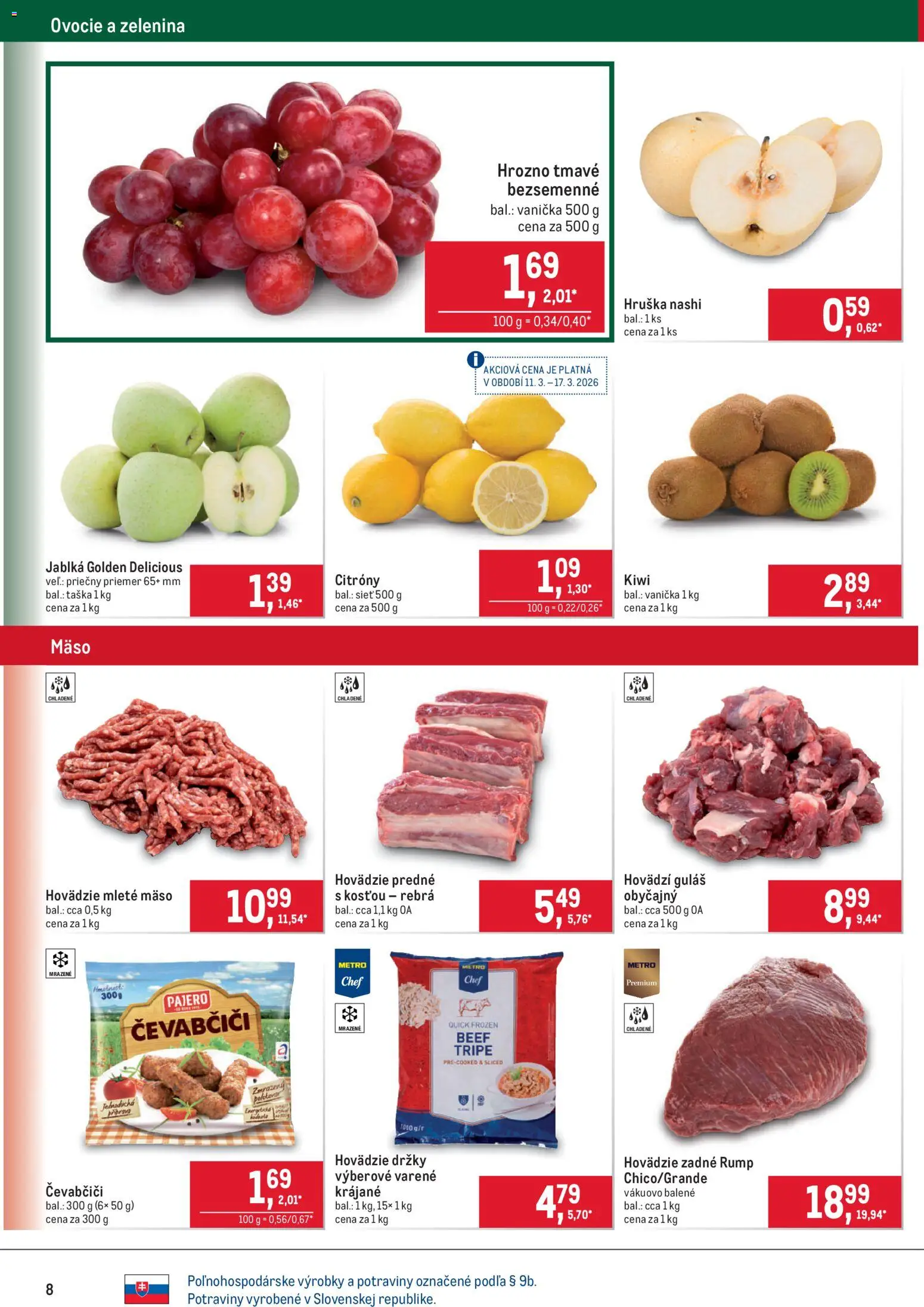 Nové Metro akcie – leták je platný od 11.03.2026 | Strana: 8 | Produkty: Jablká, Citróny, Mleté mäso, Hrozno
