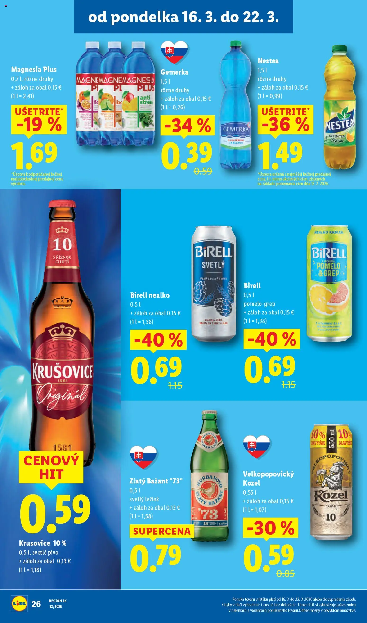 Nové Lidl akcie – leták je platný od 16.03.2026 | Strana: 36 | Produkty: Krušovice, Magnesia, Pomelo, Gemerka