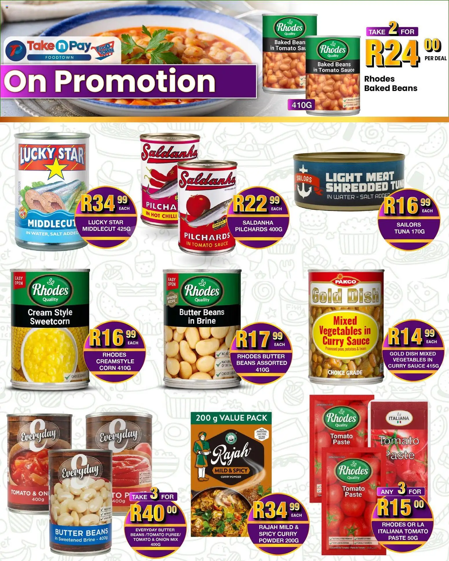 New Take n Pay catalogue – valid from 19.01.2026 | Page: 4 | Products: Pilchards, Baked beans, Butter, Vegetables