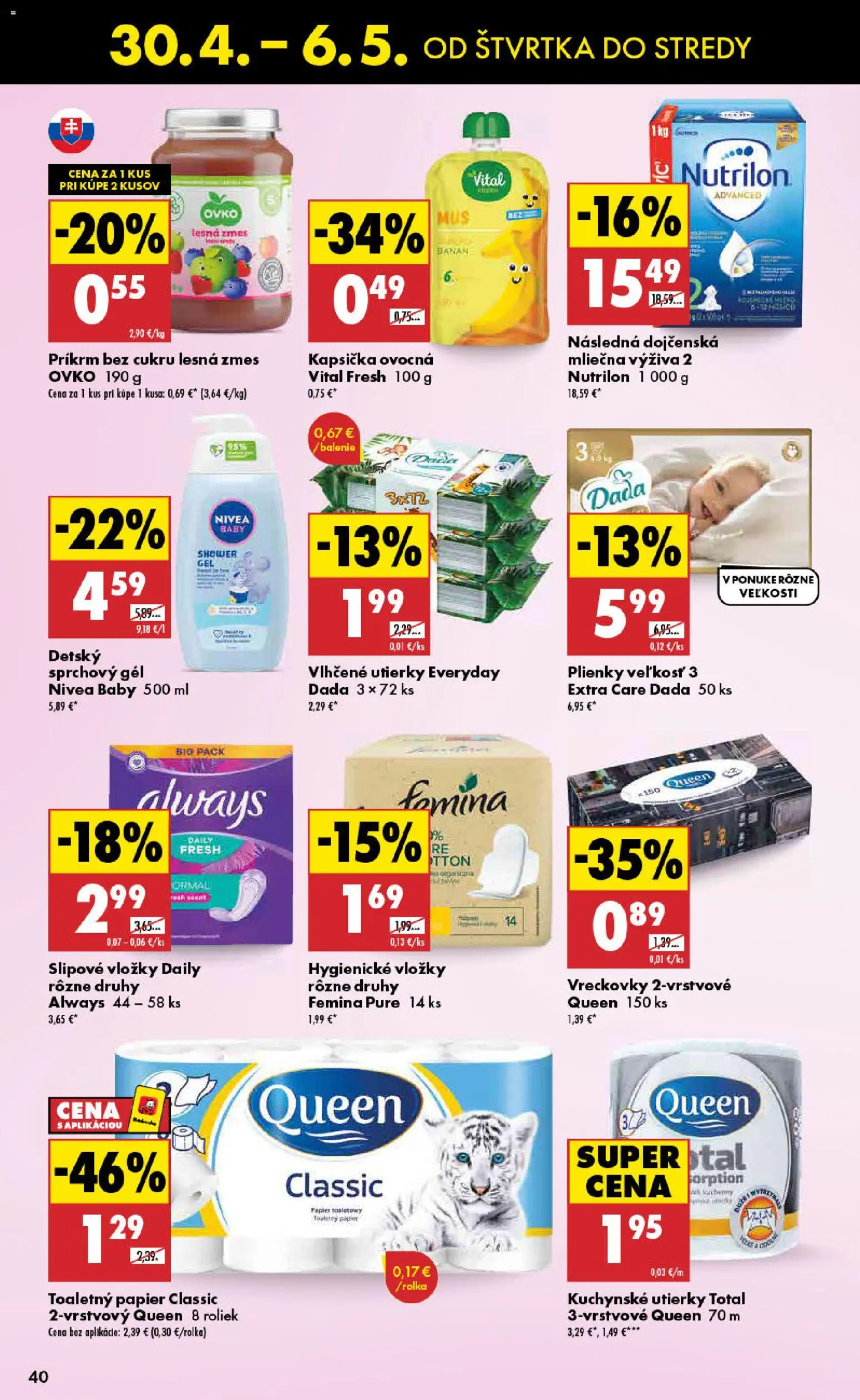 Nové Biedronka akcie – leták je platný od 30.04.2026 | Strana: 40 | Produkty: Nivea, Nutrilon, Toaletný papier, Plienky