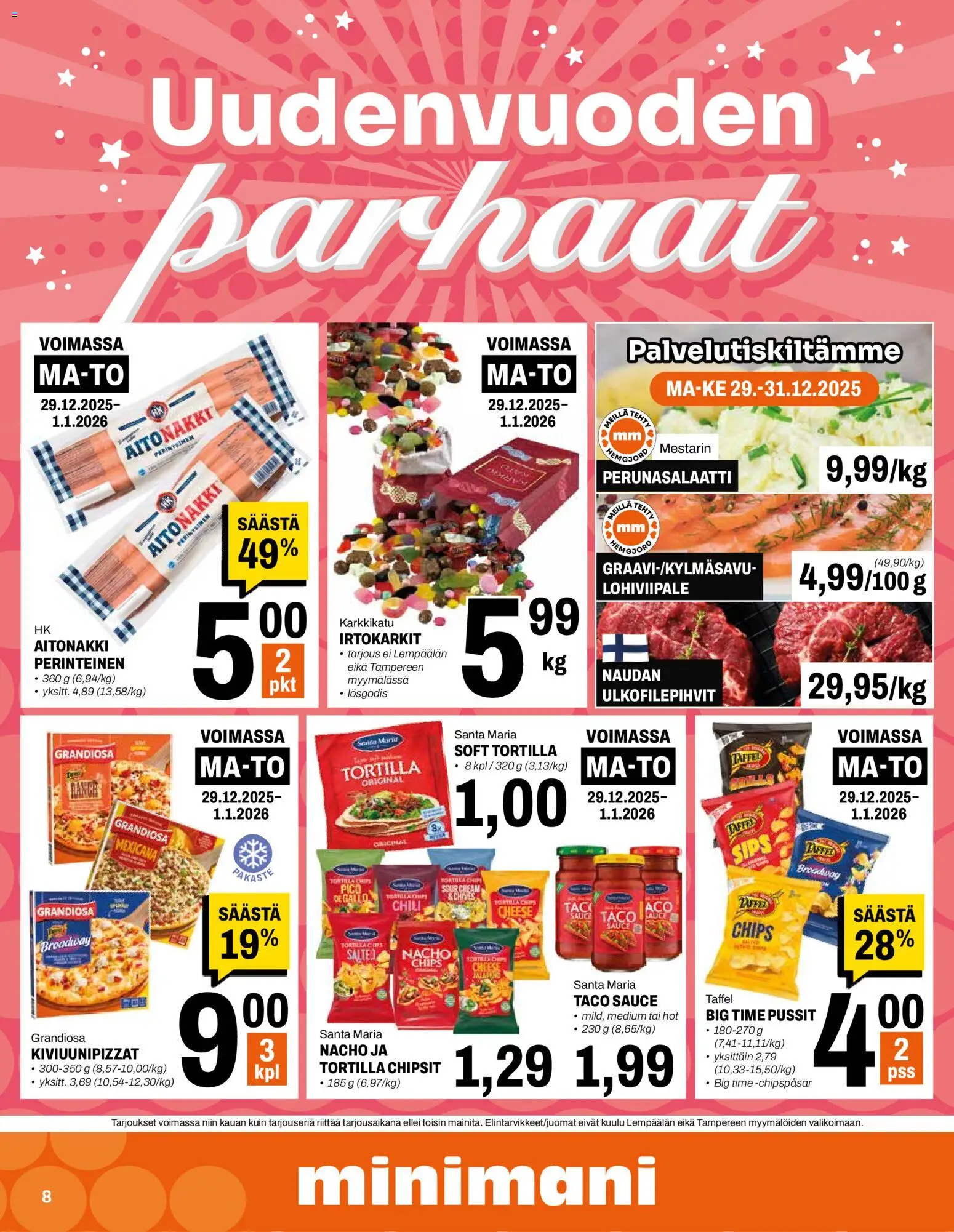 Minimani tarjoukset – voimassa 29.12.2025 alkaen | Sivu: 1 | Tuotteet: Irtokarkit, Chili, Perunasalaatti, Tortilla